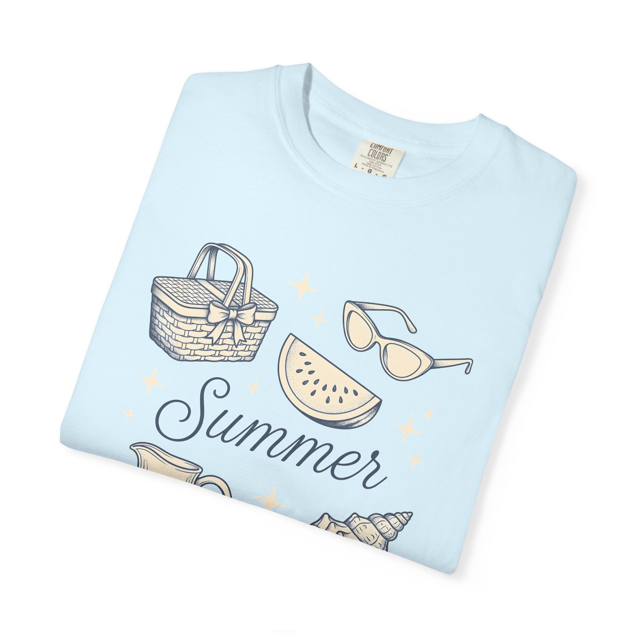 Summer Signs Shirt Summer Getaway Gift Women Hand Drawn Tee Seasonal T-Shirt Summer Fan Illustrated Tshirt Vacation Graphic Cartoon Picnic