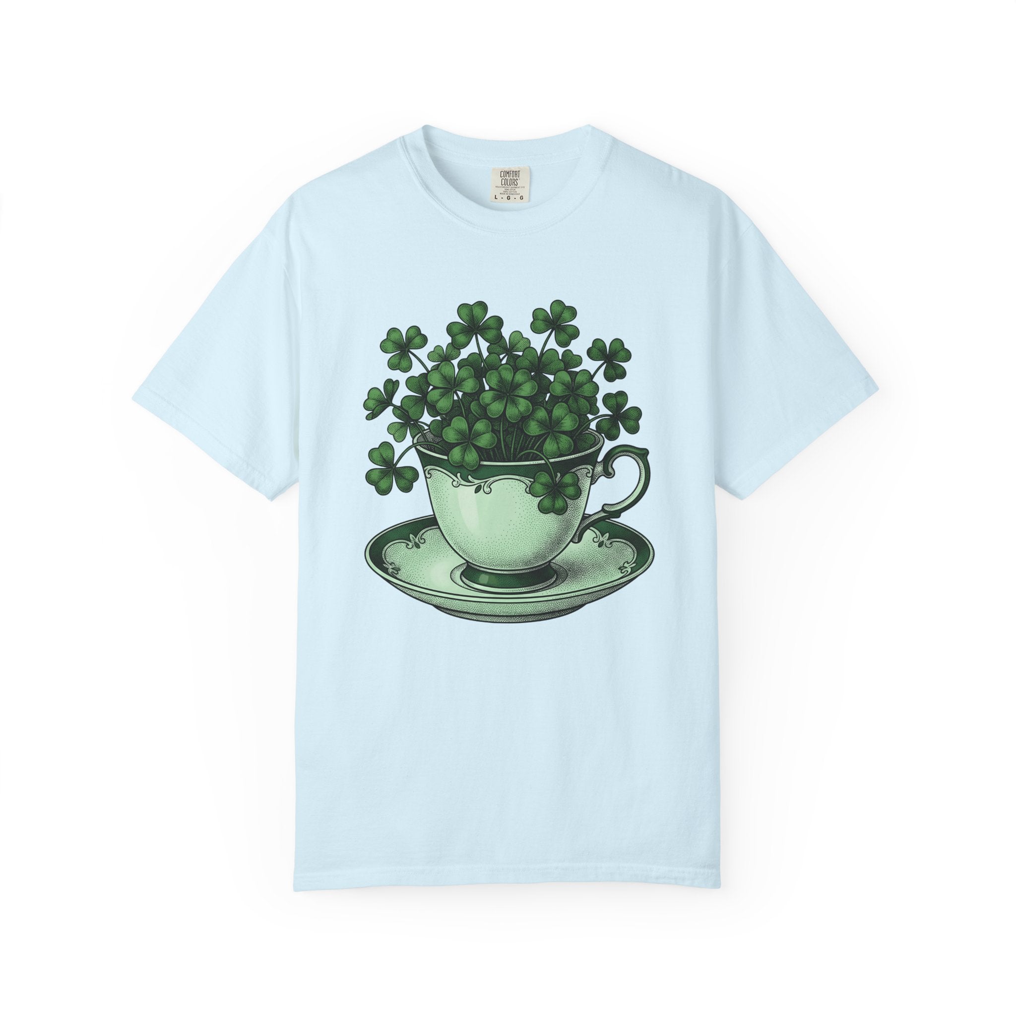 Clover Tea Cup Shirt St Patrick's Day Flower Gift Women Retro Tee Teacup T-Shirt Shamrock Fan Vintage Tshirt Floral Graphic Sketch Plate