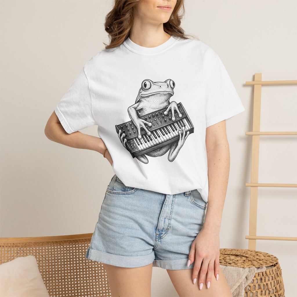 Frog Piano Shirt Frog Instrument Gift Women Sketch Tee Piano T-Shirt Toad Enthusiast Drawing Design Retro Keyboard Tshirt