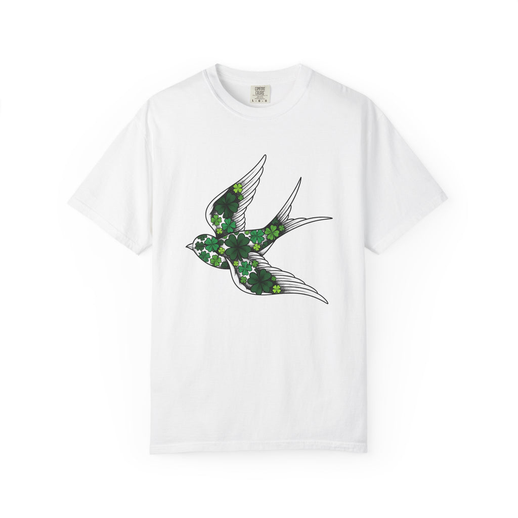 Small Bird Clover Shirt St Patrick's Day Destiny Gift Women Hand Drawn Tee Sparrow T-Shirt Shamrock Fan Illustrated Tshirt Fate Graphic