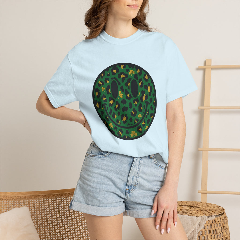 Smiley Face Shirt St Patrick's Day Animal Print Gift Women Leopard Print Tee Smiley T-Shirt St Patricks Fan Animal Print Graphic Tshirt