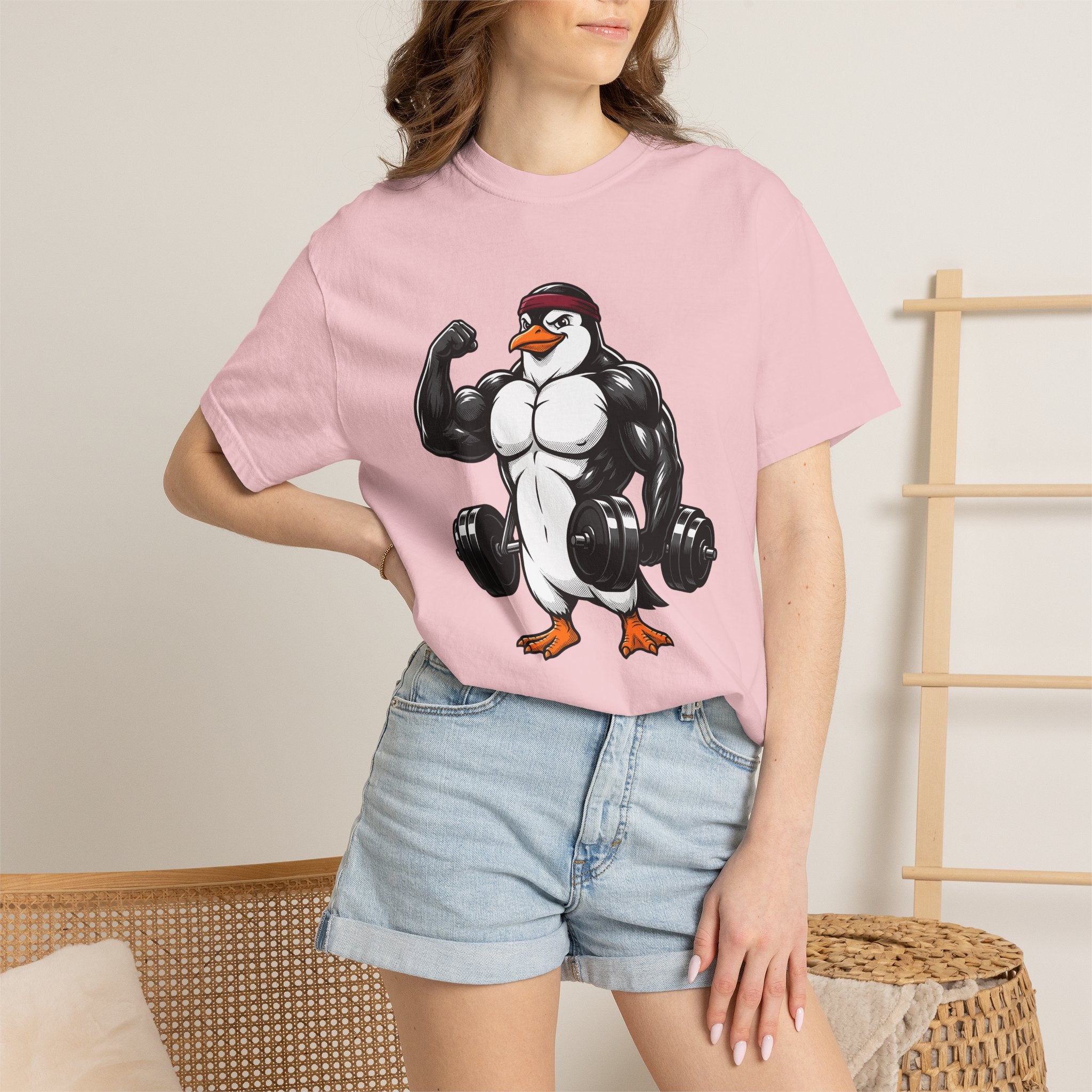 Muscular Penguin Shirt Fitness Wildlife Gift Women Comic Tee Penguin T-Shirt Gym Enthusiast Cartoon Tshirt Wildlife Graphic Tshirt Cartoon