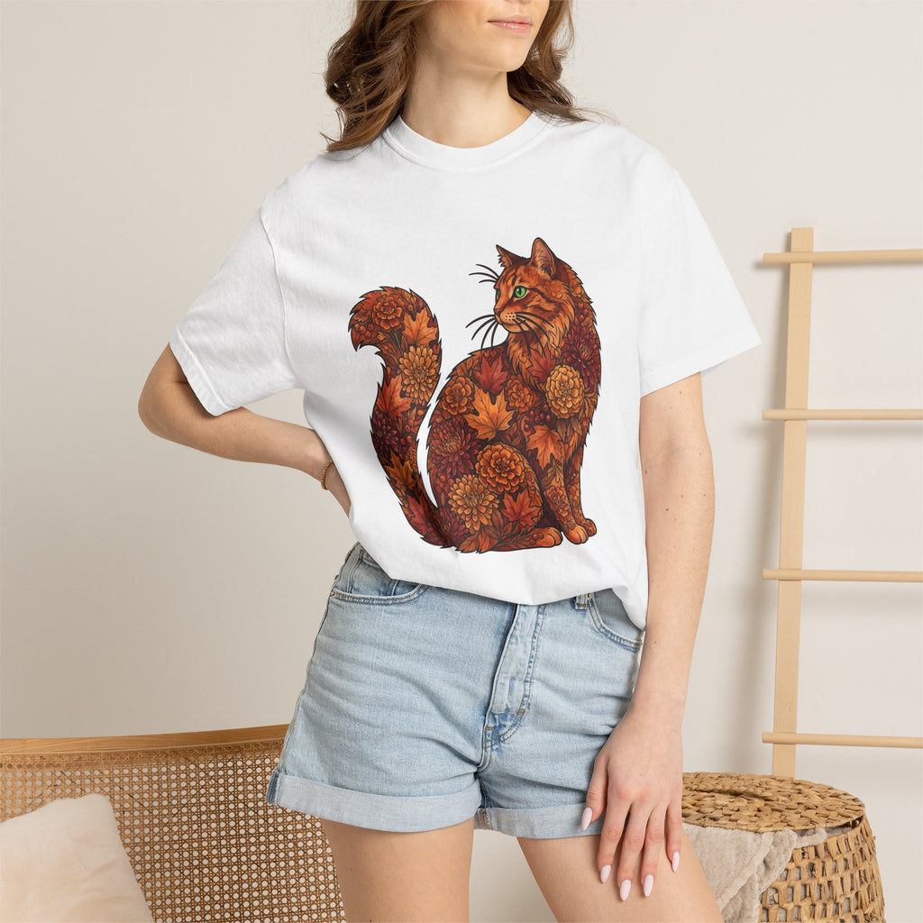 Floral Kitty Shirt Cat Pumpkins Gift Women Free Spirit Tee Cat T-Shirt Cat Fan Boho Tshirt Gourd Graphic Rustic Colorful Leaves Tshirt