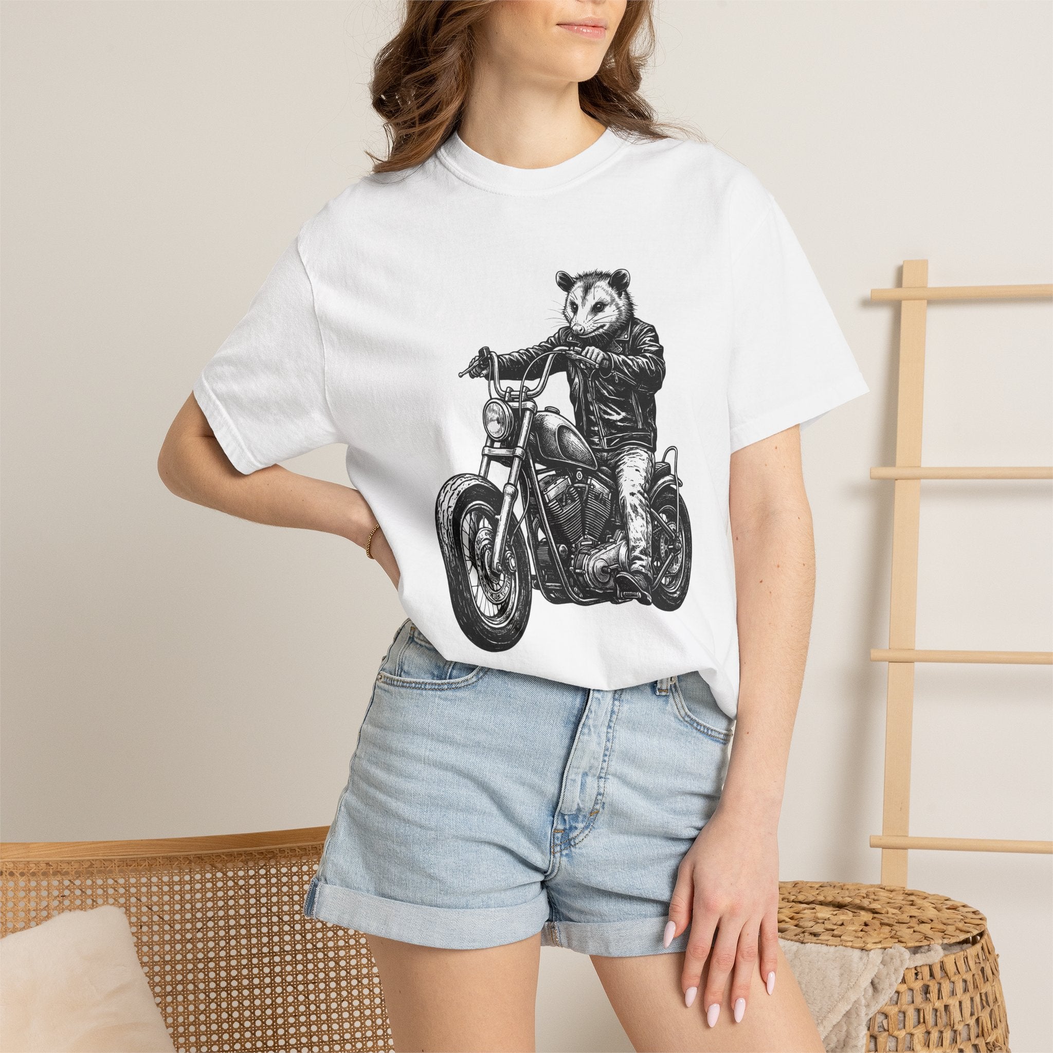 Possum Bike Shirt Animals Riding Gift Women Neo Traditional Tee Opossum T-Shirt Wildlife Enthusiast Vintage Tshirt Motorbike Graphic Old