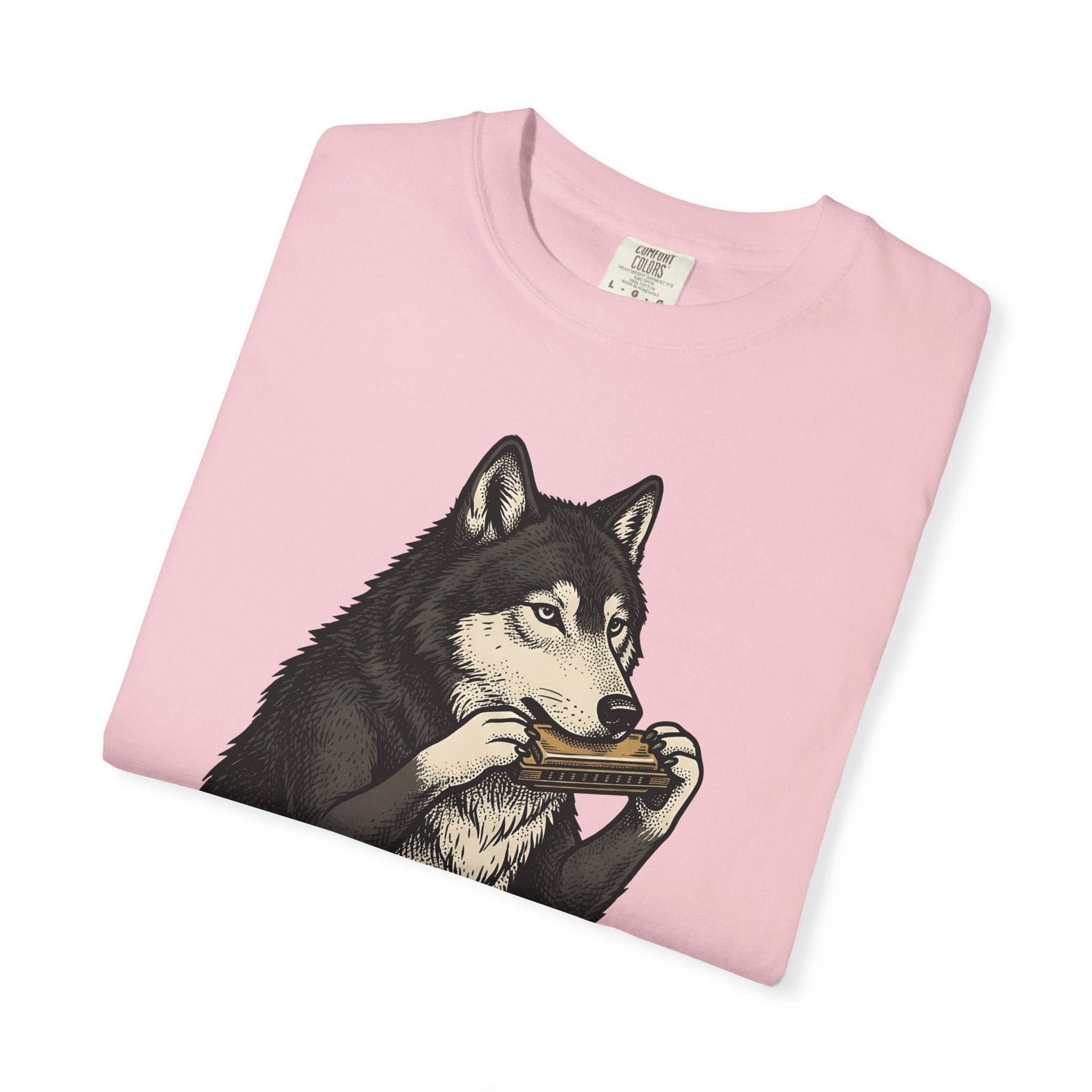 Wolf Harmonica Shirt Animals Instruments Gift Women Sketch Tee Howling T-Shirt Wildlife Fan Drawing Design Retro Harmonica Tshirt