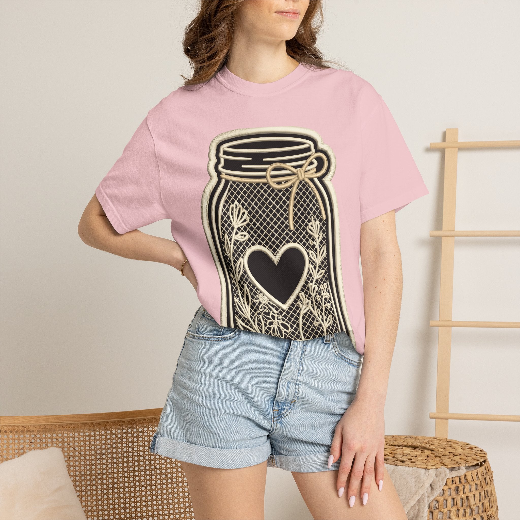 Canning Jar Heart Shirt Easter Country Gift Women Outline Tee Mason Jar T-Shirt Spring Fan Line Art Tshirt Rustic Graphic Modern Flower