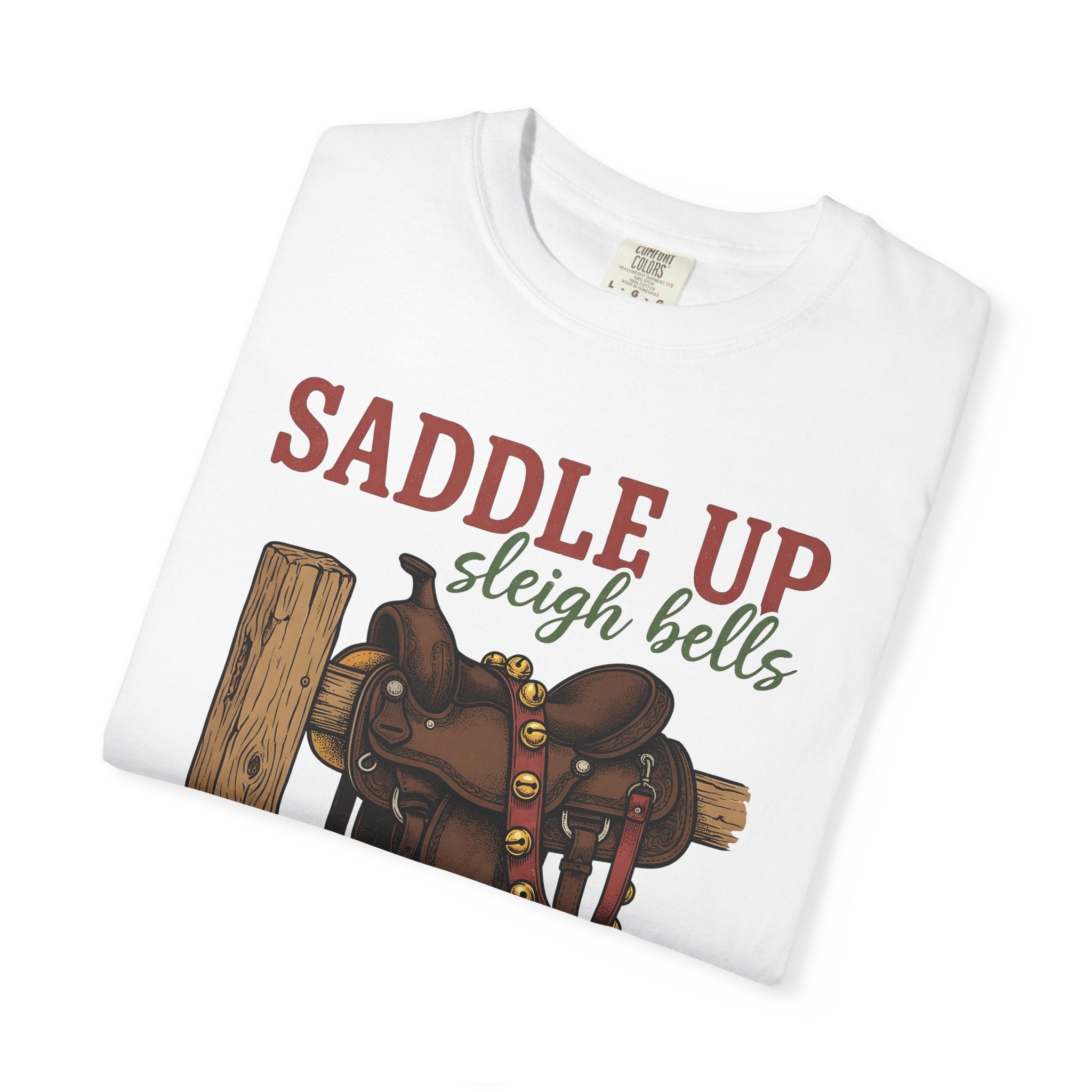 Leather Saddle Shirt Cowgirl Winter Gift Women Classic Tee Saddle T-Shirt Rodeo Fan Vintage Tshirt Frosty Graphic Outline Seasonal Bells