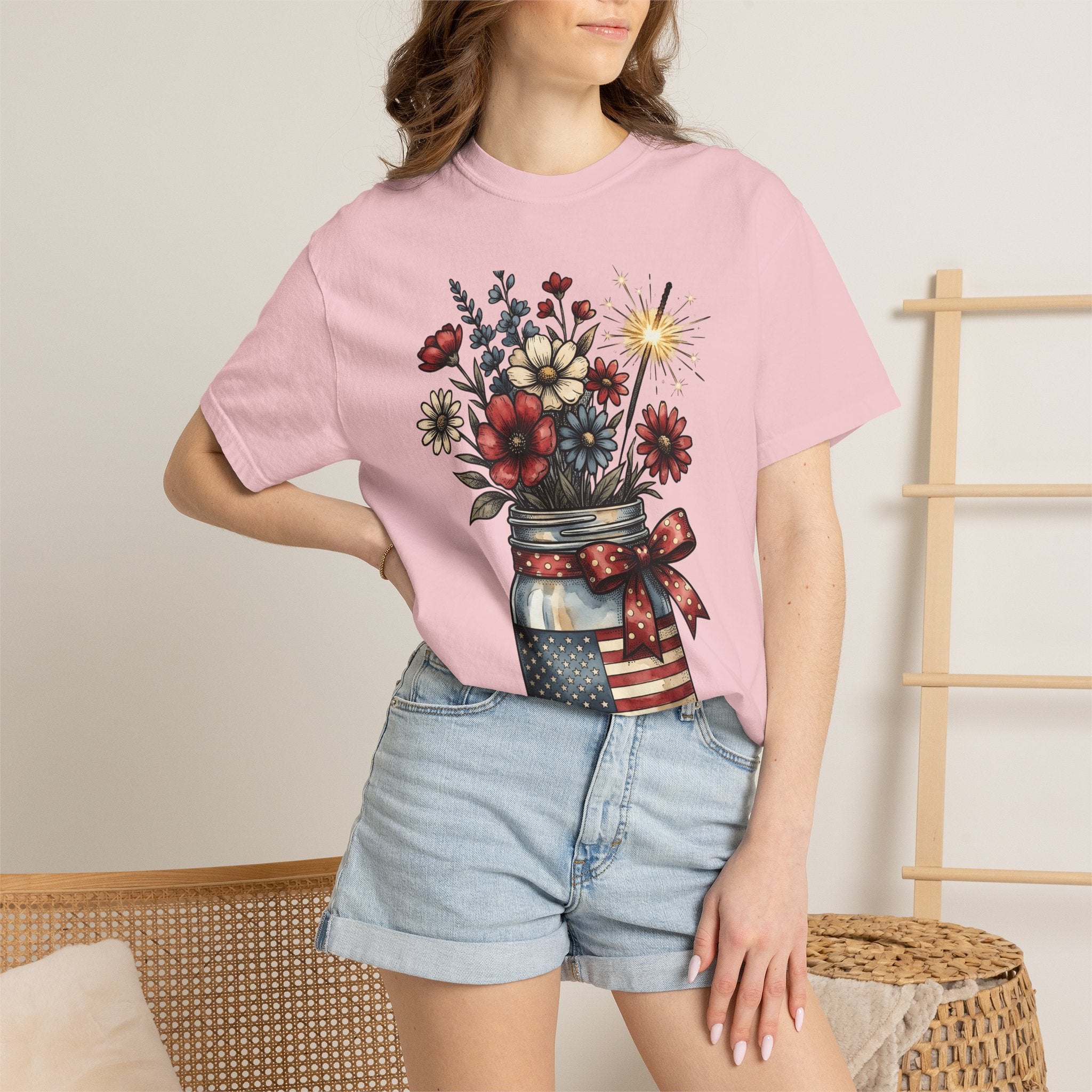 Jar Flower Bouquet Shirt 4th Of July Blooms Gift Women Retro Tee Floral Arrangement T-Shirt Independence Day Fan Vintage Tshirt Flower