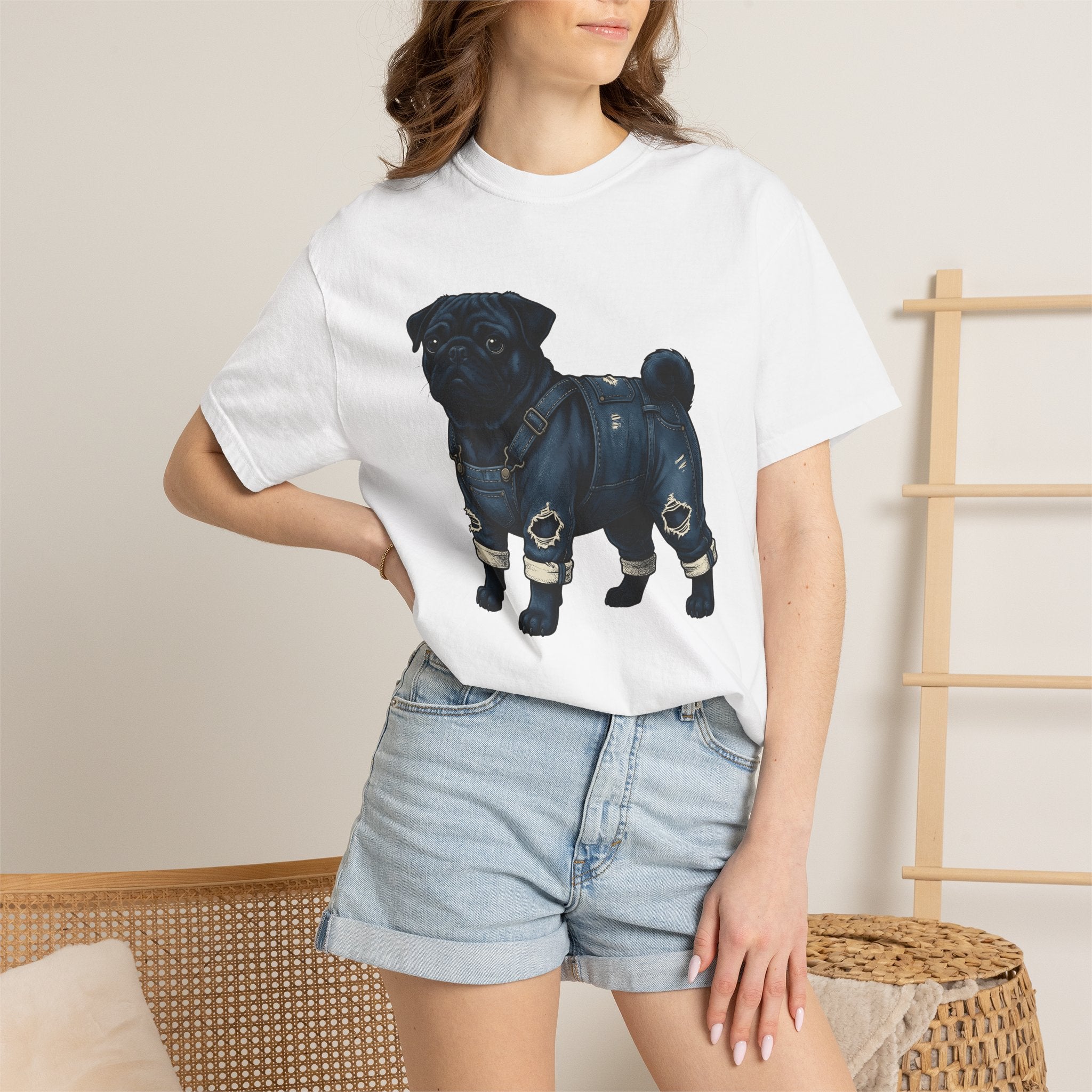 Pug Dog Shirt Dog Fashion Gift Women Hand Drawn Tee Poodle T-Shirt Dog Fan Illustrated Tshirt Style Graphic Vintage Denim Overalls Tshirt