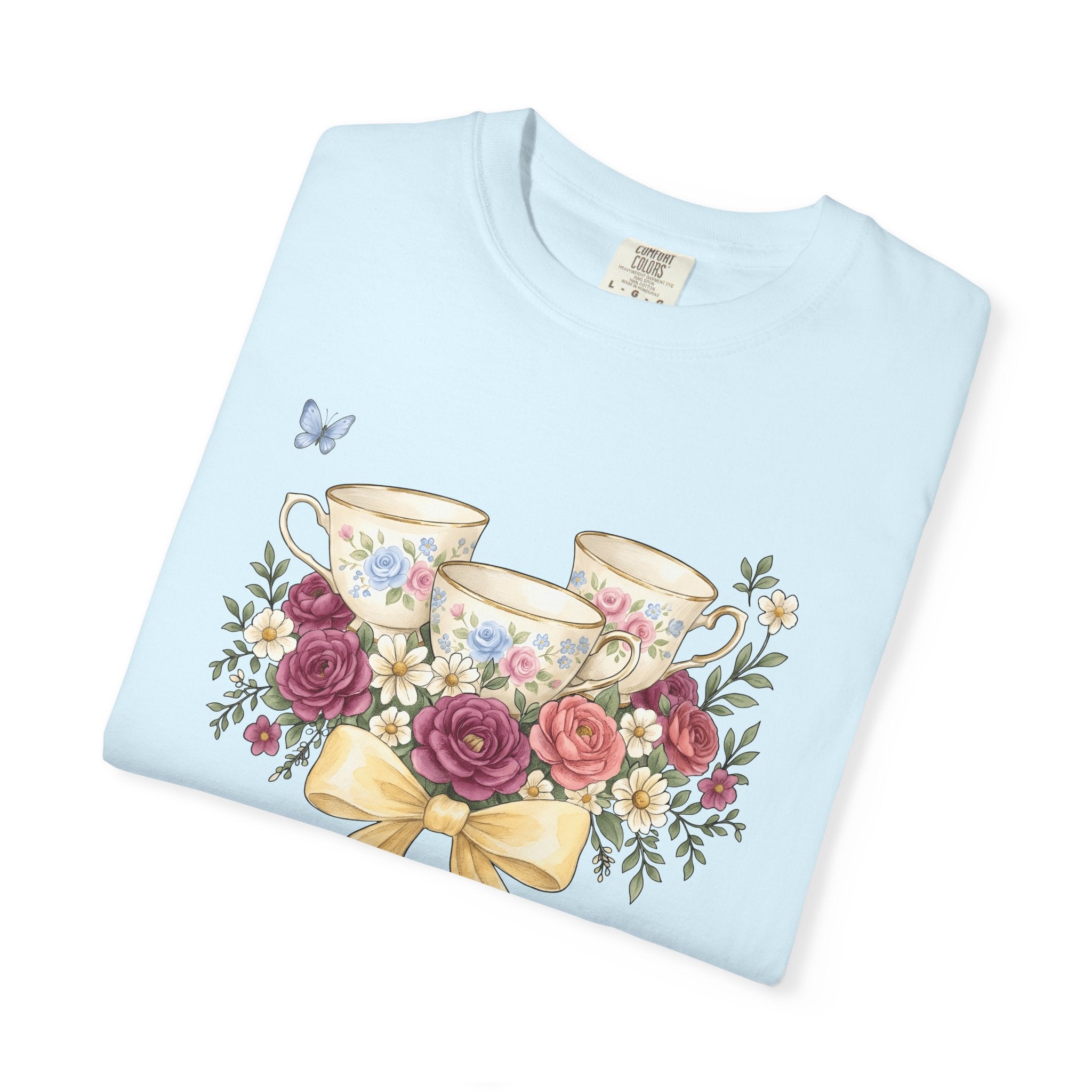 Flower Tea Cups Shirt Easter Blossoms Gift Women Paint Tee Teacup T-Shirt Spring Fan Artistic Tshirt Floral Graphic Retro Ribbon Tshirt