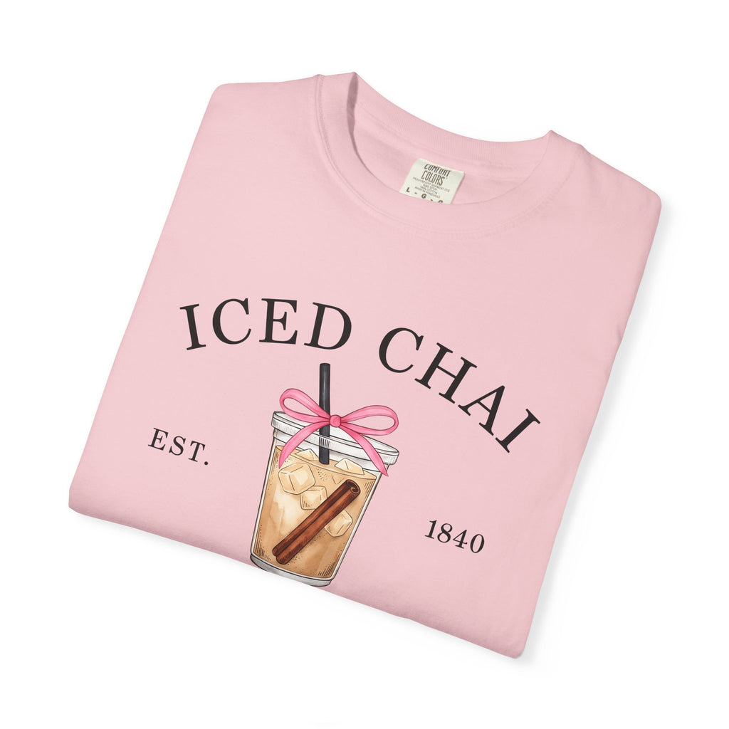Iced Chai Cup Shirt Coffee Tea Gift Women Hand Drawn Tee Chai Mug T-Shirt Coffee Fan Tea Cup Graphic Illustration Vintage Pink Bow Tshirt