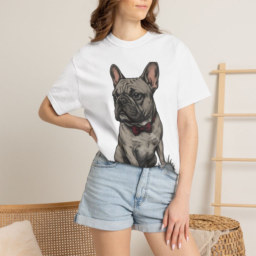 French Bulldog Shirt Dog Comedy Gift Women Hand Drawn Tee Bulldog T-Shirt Dog Fan Illustrated Graphic Tshirt Old School Bow Tie Tshirt