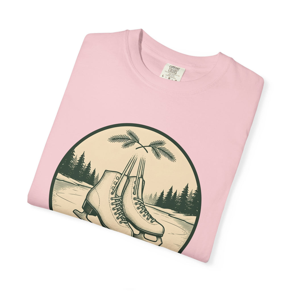 Ice Skates Shirt Christmas Winter Gift Women Vintage Tee Skating T-Shirt Xmas Fan Holiday Tshirt Frosty Illustration Hand Drawn Pine Trees