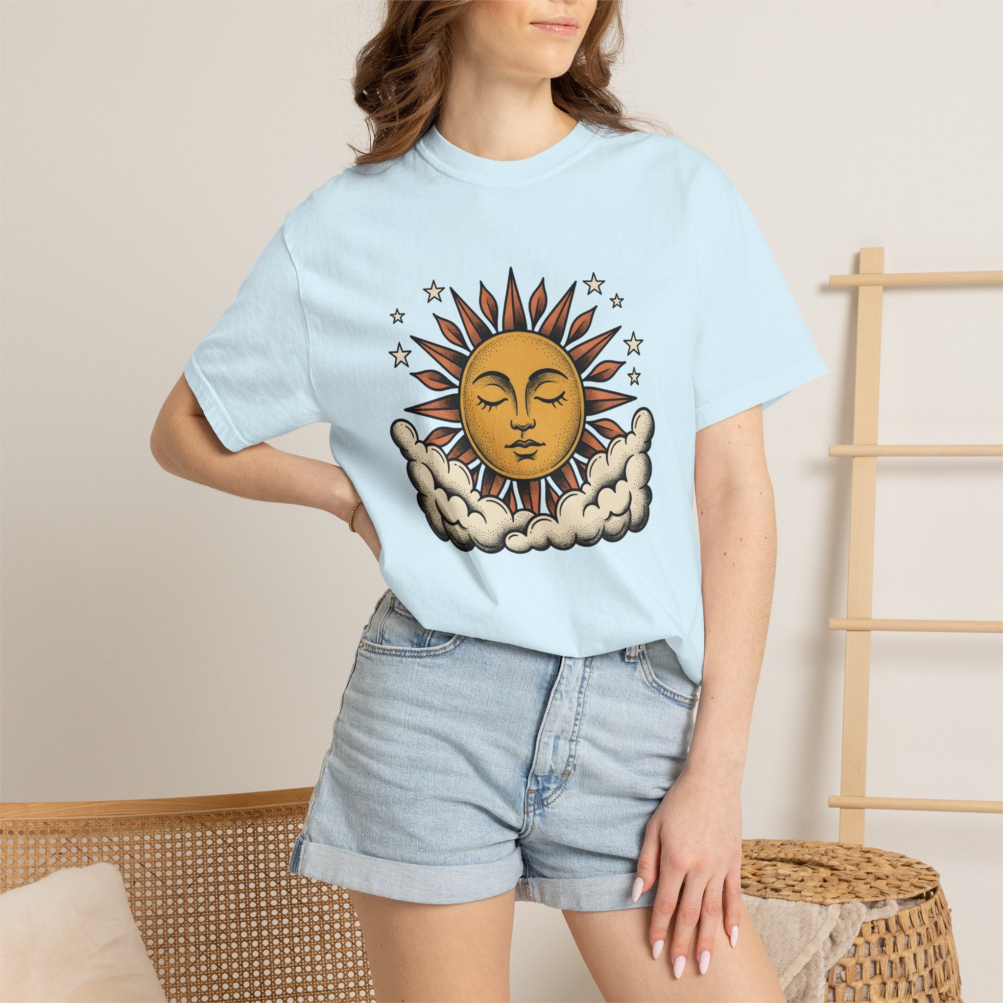 Sun Face Shirt Boho Chic Zodiac Gift Women Mandala Tee Sun T-Shirt Bohemian Fan Mandala Tshirt Astrology Graphic Sketch Clouds Tshirt