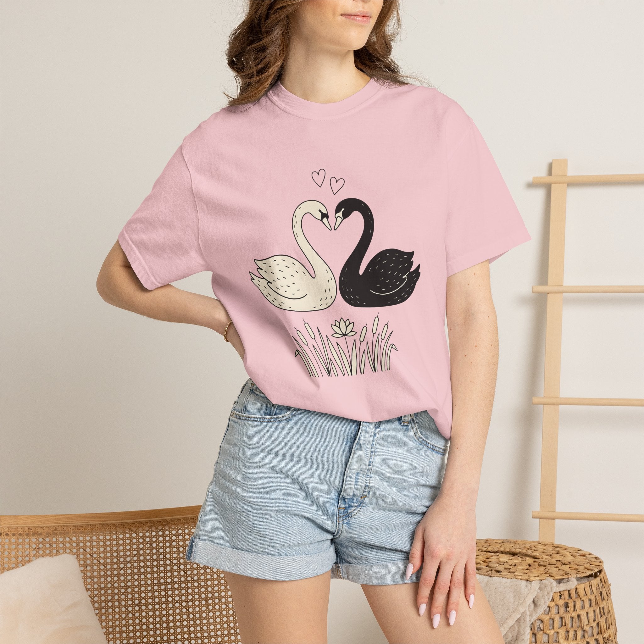 Swan Couple Shirt Animals & Flowers Romance Gift Women Doodle Tee Ducks T-Shirt Wildlife Fan Hand Drawn Tshirt Love Graphic Minimalist Lotus