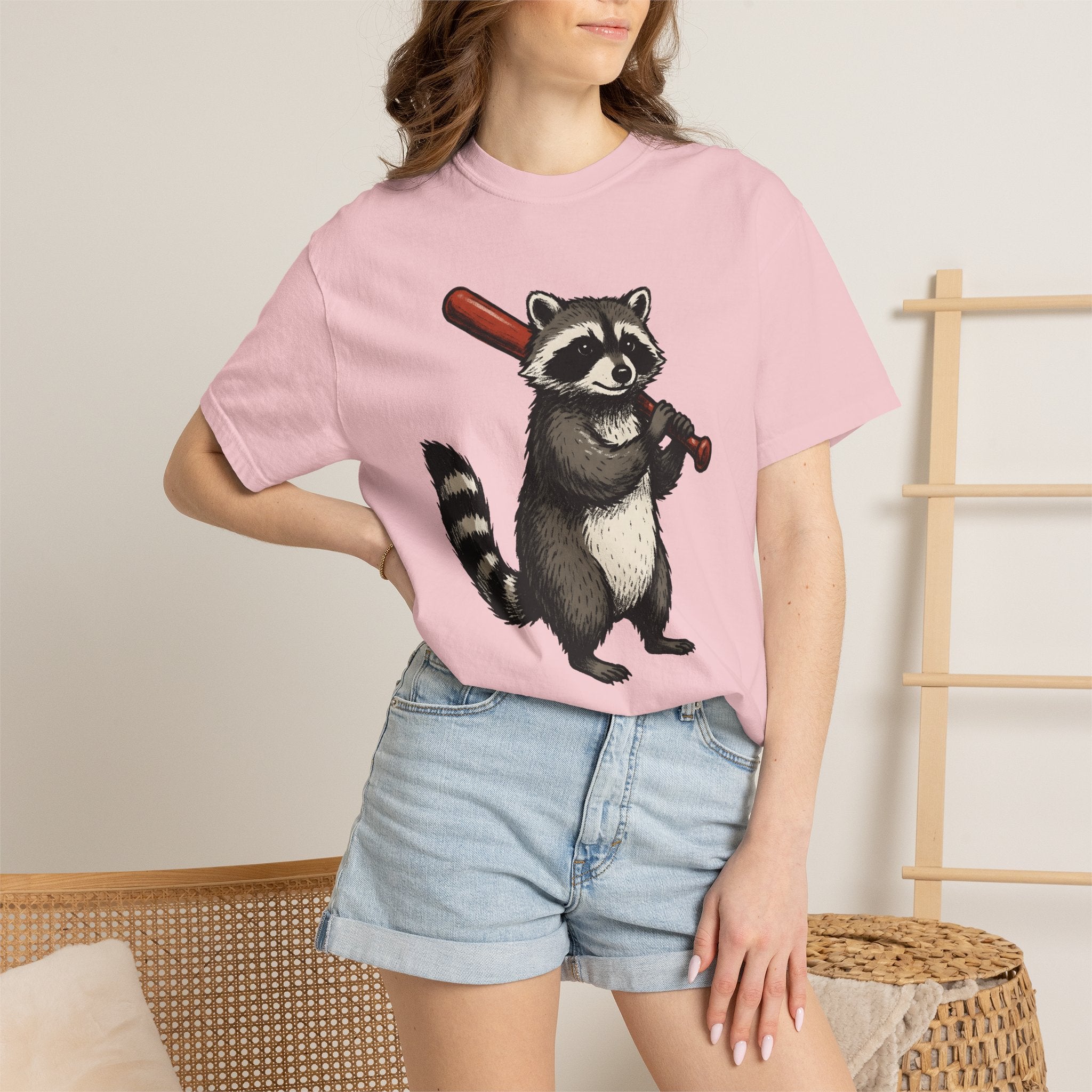 Raccoon Baseball Shirt Cute Animal Gift Women Cartoon Tee Baseball T-Shirt Adorable Fan Comic Tshirt Wildlife Graphic Hand Drawn Bat Tshirt