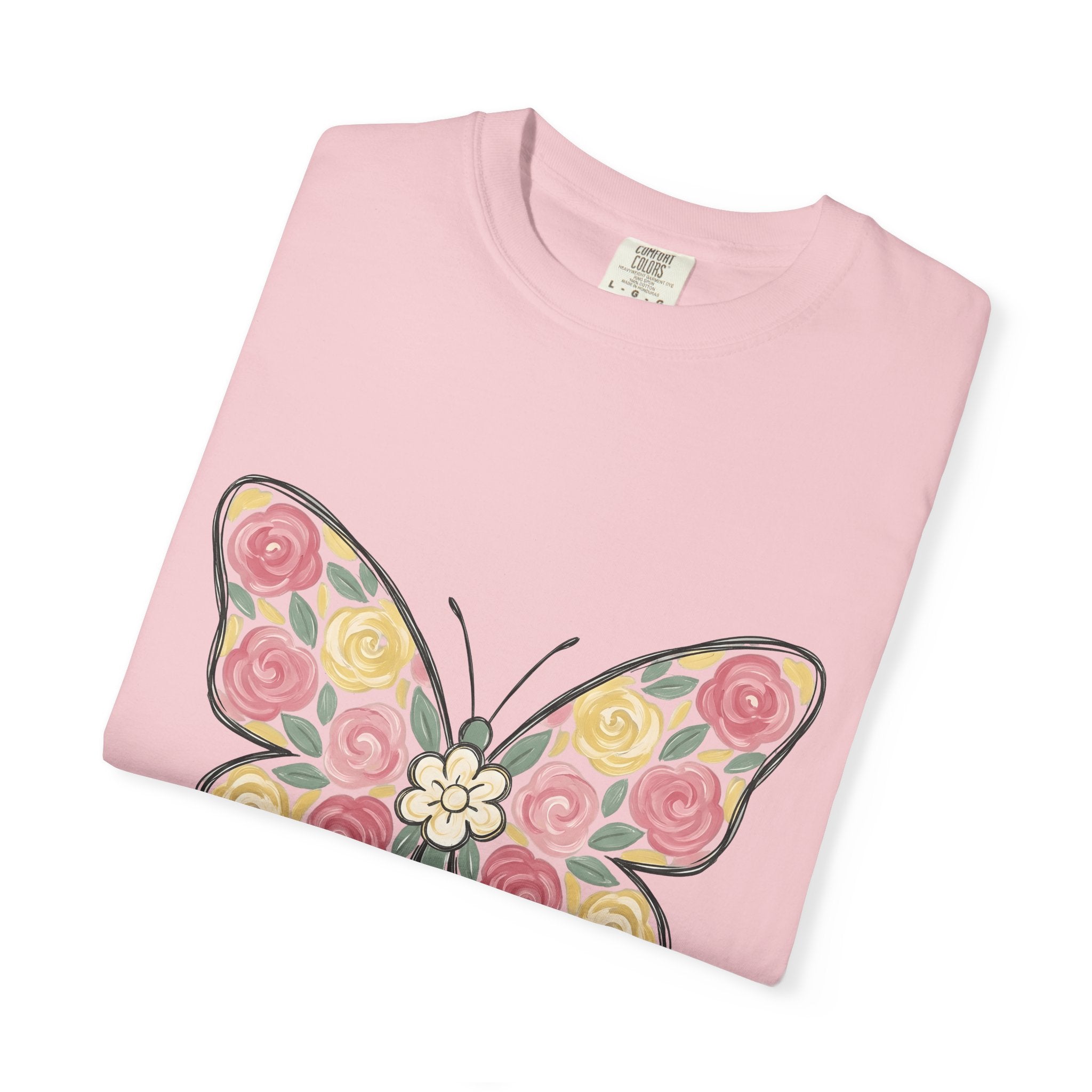 Flower Butterfly Shirt Easter Outdoors Gift Women Rustic Tee Butterfly T-Shirt Spring Fan Vintage Tshirt Camping Graphic Doodle Red Rose