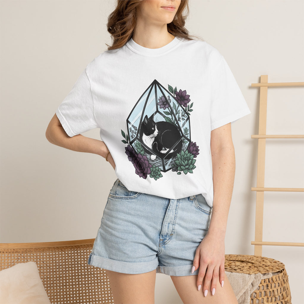 Tuxedo Cat Shirt Cat Plants Gift Women Garden Tee Black Cat T-Shirt Cat Fan Foliage Graphic Tshirt Line Art Aloe Tshirt