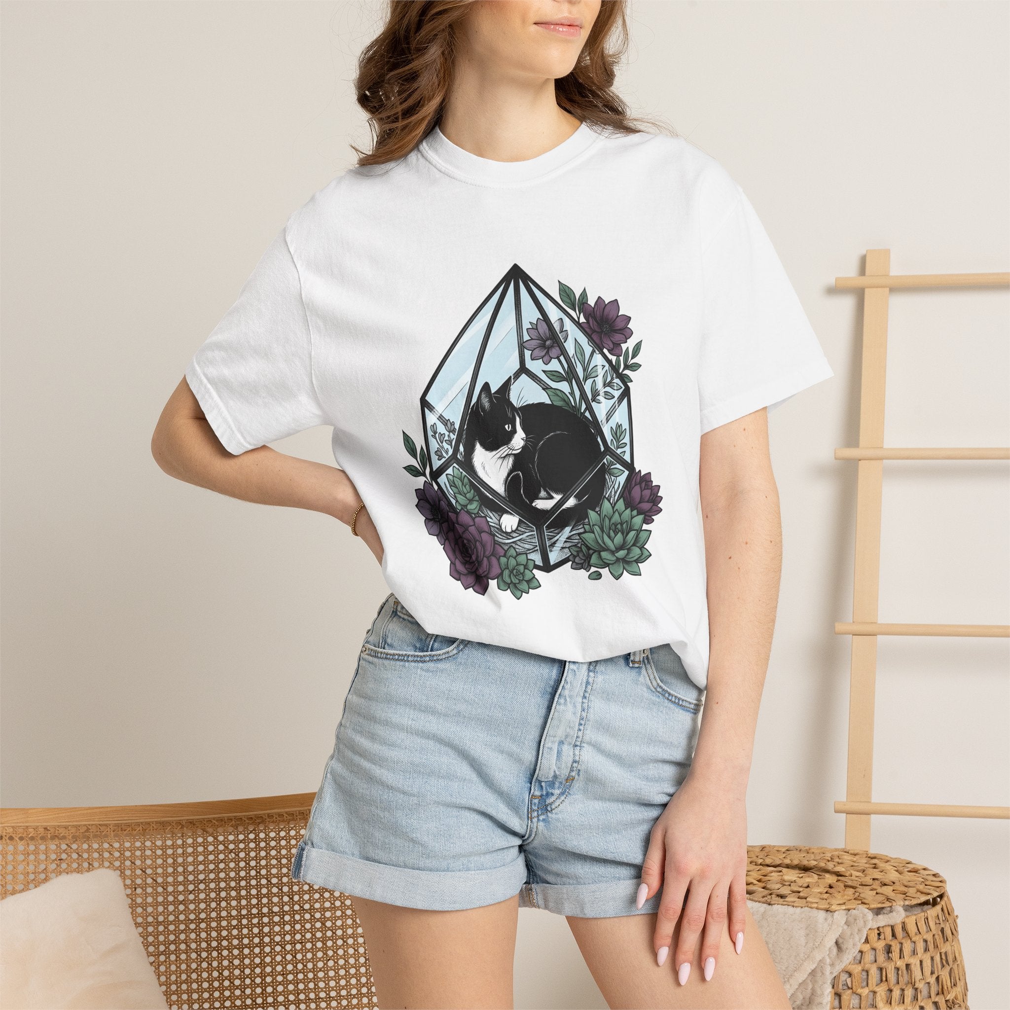 Tuxedo Cat Shirt Cat Plants Gift Women Garden Tee Black Cat T-Shirt Cat Fan Foliage Graphic Tshirt Line Art Aloe Tshirt