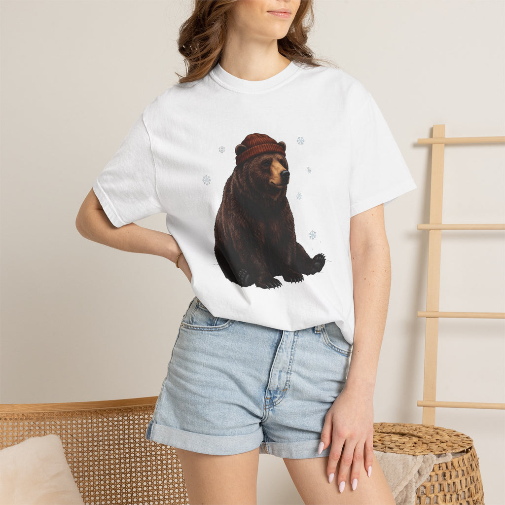 Bear Beanie Shirt Animals Cold Gift Women Sketch Tee Beanie T-Shirt Wildlife Fan Drawing Tshirt Frosty Graphic Retro Snow Crystal Tshirt