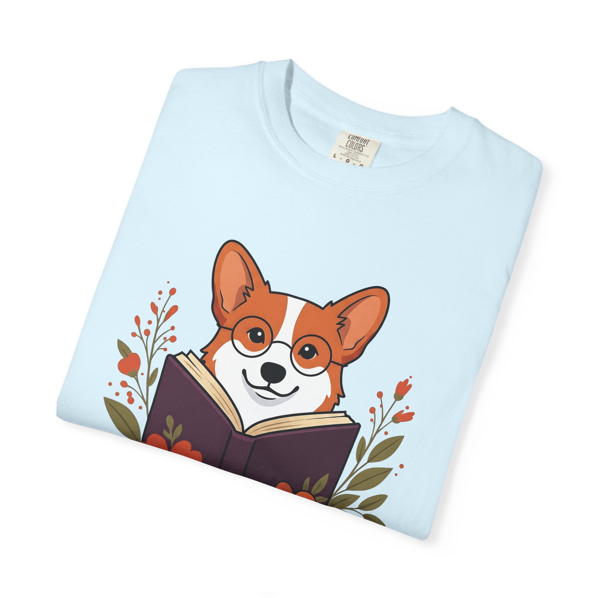 Corgi Pet Book Shirt Dog Literature Gift Women Illustration Tee Bookworm T-Shirt Dog Fan Artistic Tshirt Bibliophile Graphic Doodle Blossoms
