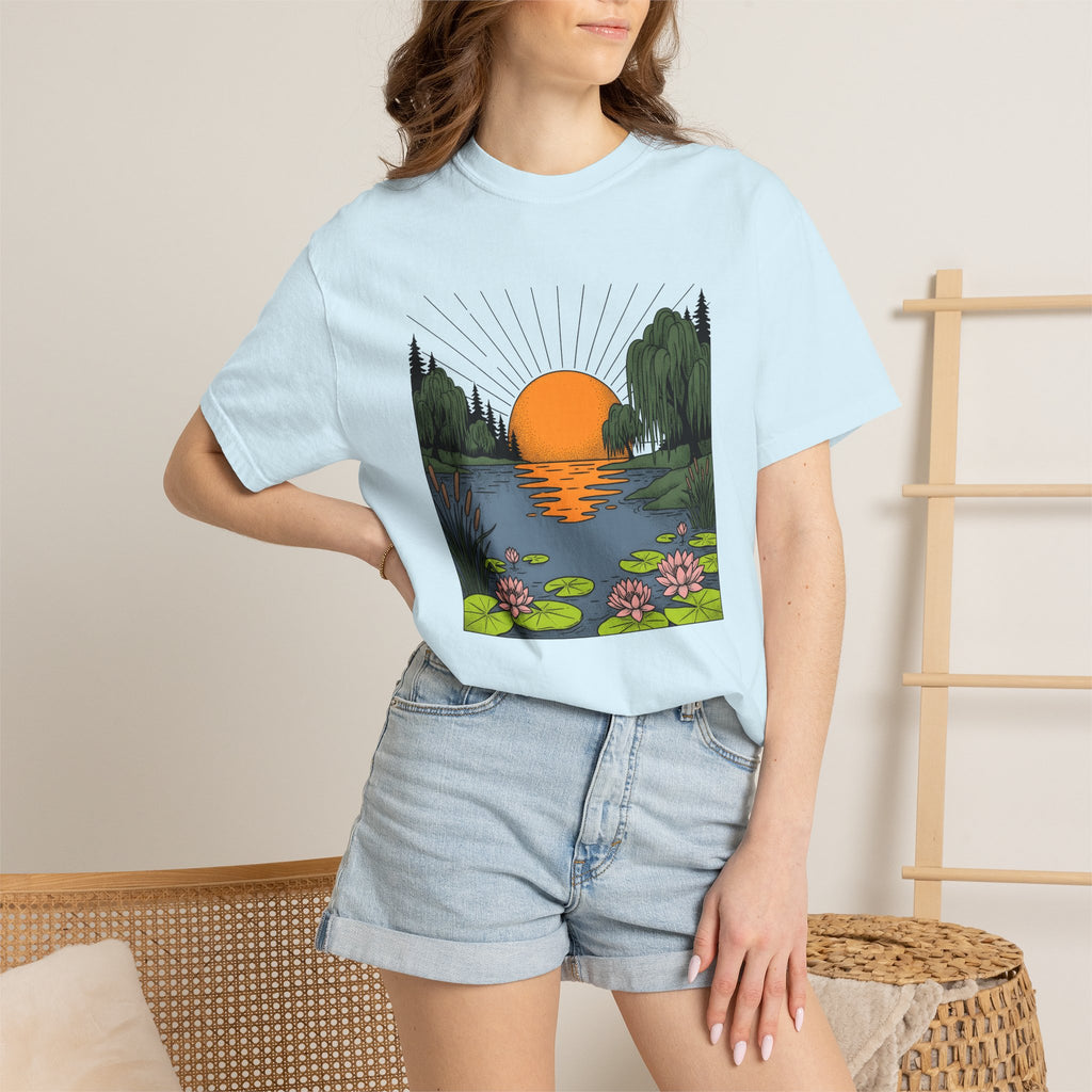 Twilight Lake Scene Shirt Nature Wildlife Gift Women Garden Illustration Tee Lakefront T-Shirt Outdoor Fan Botanical Tshirt Animal Graphic