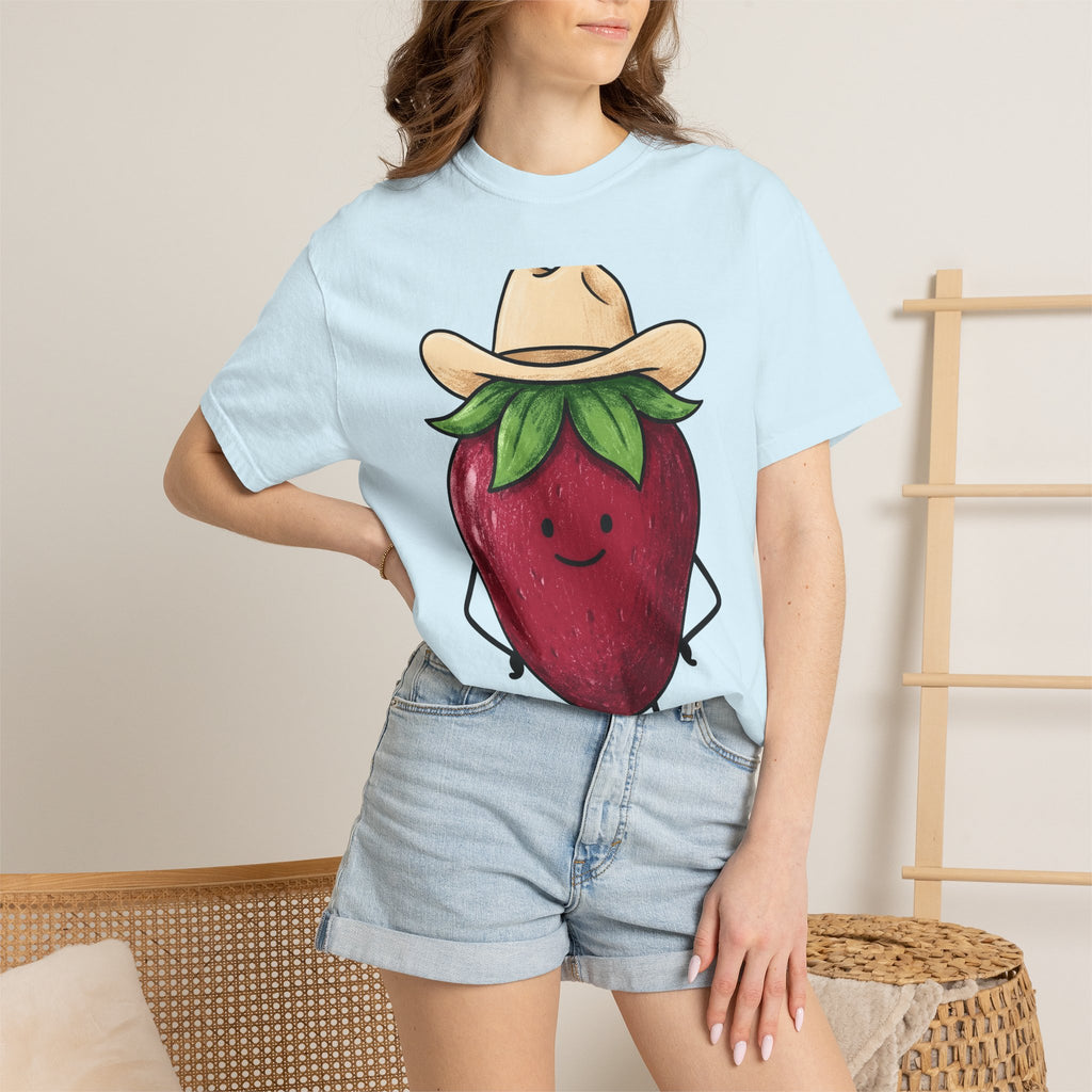 Strawberry Cowboy Shirt Cowgirl Fruit Gift Women Cartoon Tee Cowboy T-Shirt Rodeo Fan Comic Tshirt Berry Illustration Doodle Cowboy Hat