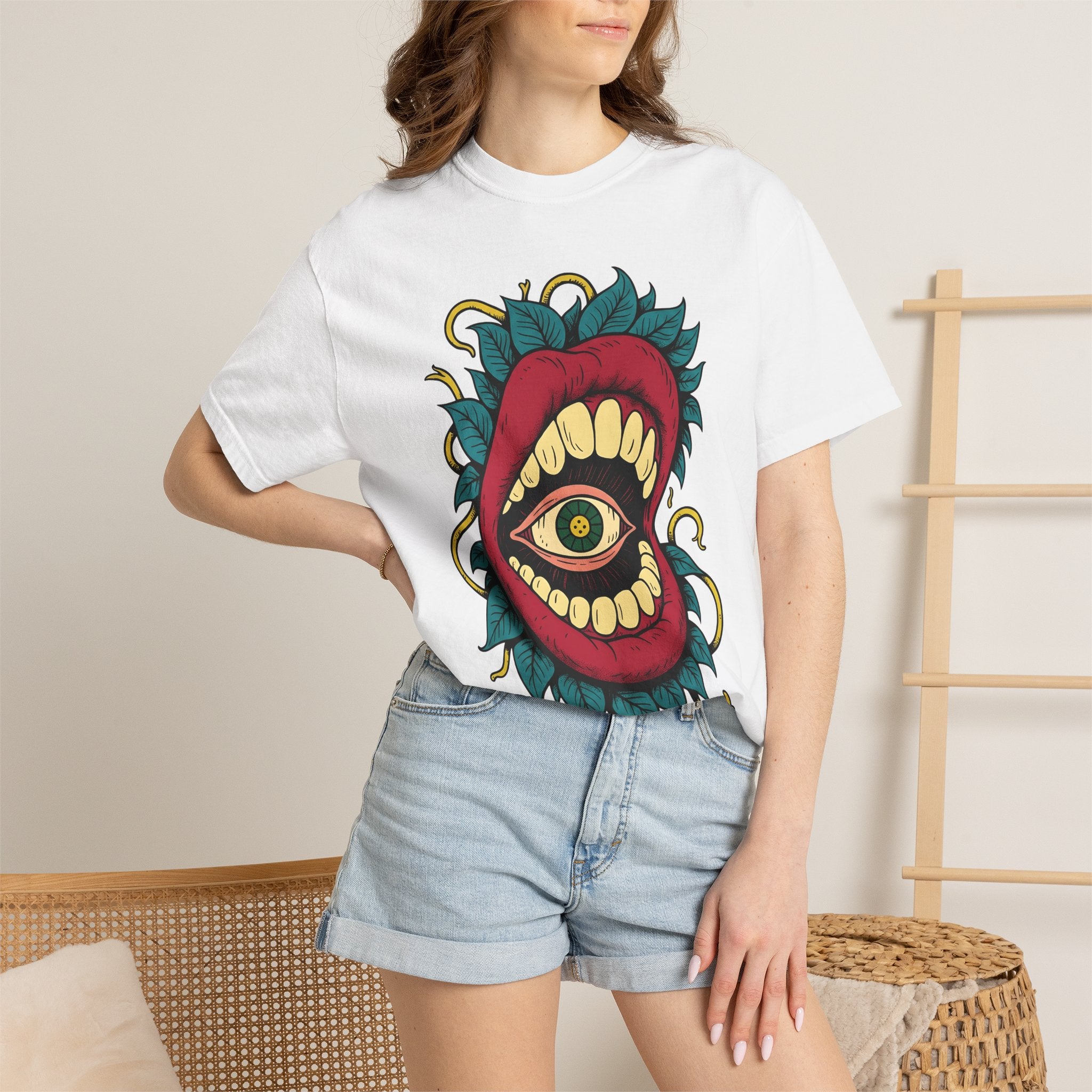 Surreal Mouth Eye Shirt Boho Chic Gothic Gift Women Tattoo Tee Lip T-Shirt Bohemian Fan Ink Tshirt Dark Graphic Psychedelic Leaves Tshirt