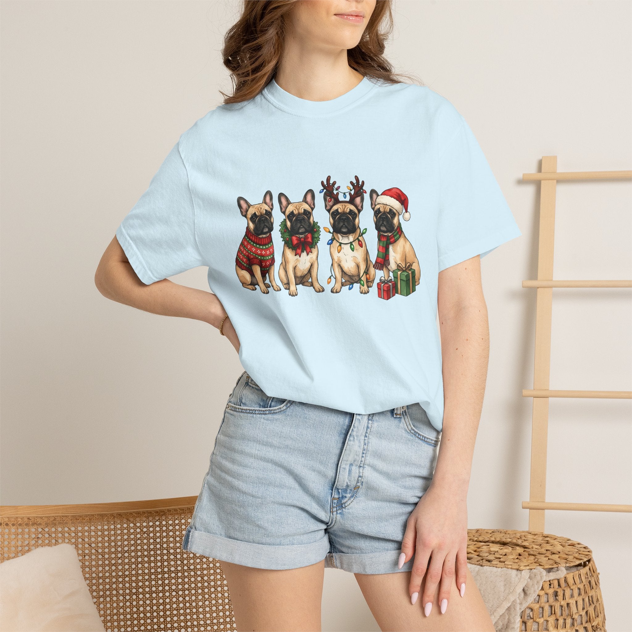 Frenchie Dog Shirt Dog Winter Gift Women Adorable Tee French Bulldog T-Shirt Dog Fan Puppy Tshirt Winter Design Sketch Holiday Presents