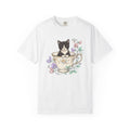 Cat Teacup Shirt Cat Leaves Gift Women Floral Design Tee Kitty T-Shirt Feline Fan Floral Tshirt Foliage Graphic Shabby Chic Petals Tshirt