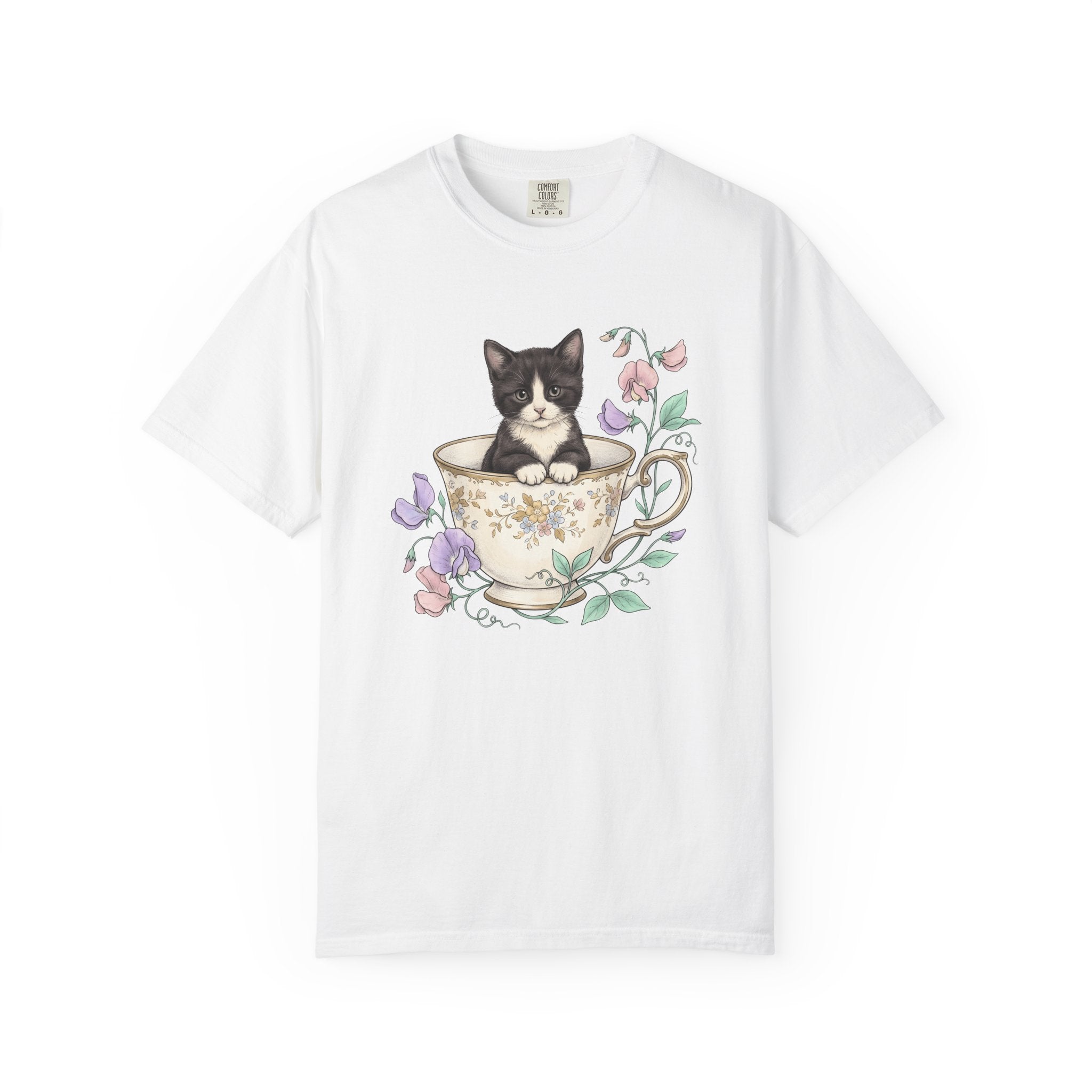 Cat Teacup Shirt Cat Leaves Gift Women Floral Design Tee Kitty T-Shirt Feline Fan Floral Tshirt Foliage Graphic Shabby Chic Petals Tshirt