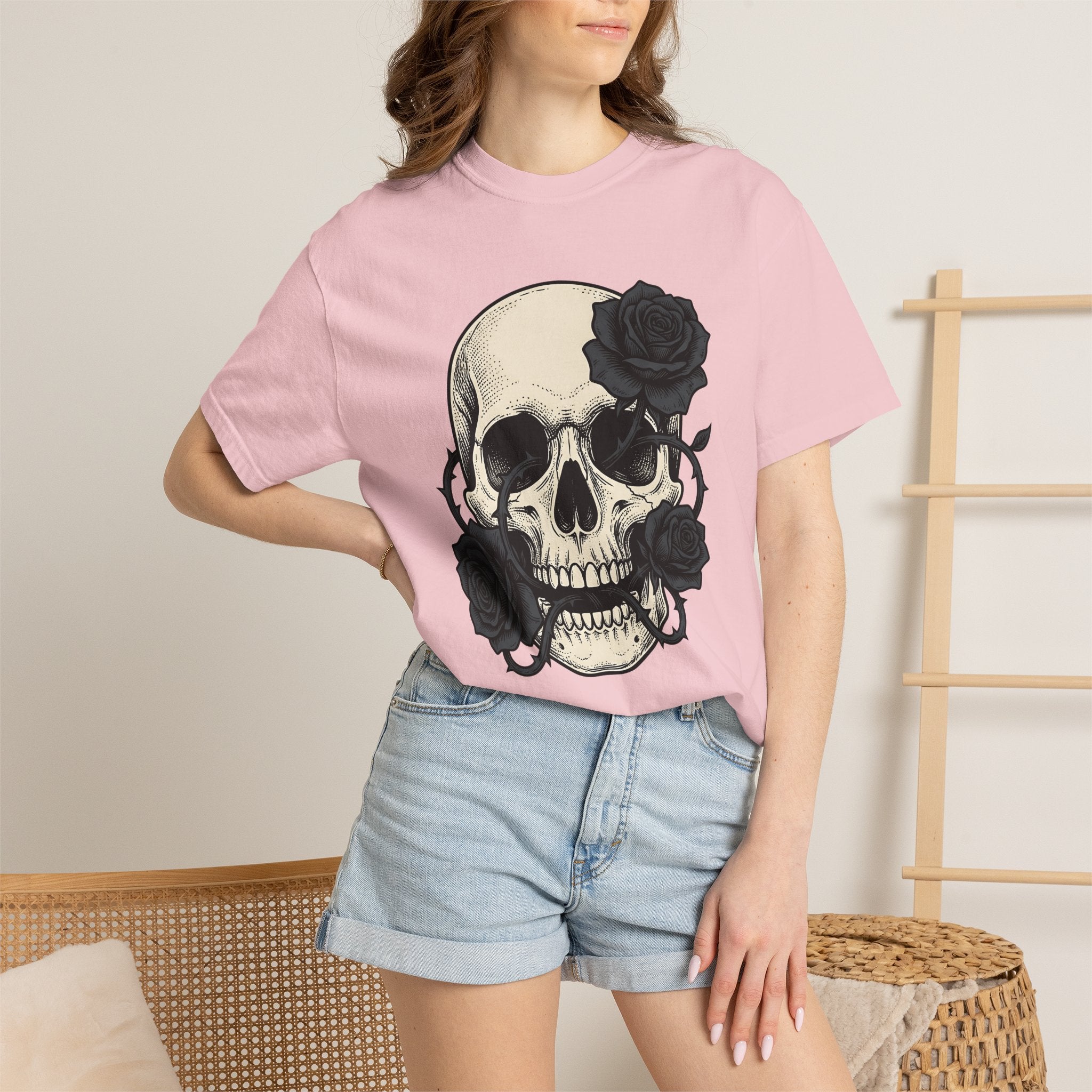 Skull Blossoms Shirt Gothic Greenery Gift Women Hand Drawn Tee Sugar Skull T-Shirt Goth Fan Illustrated Graphic Tshirt Line Art Floral