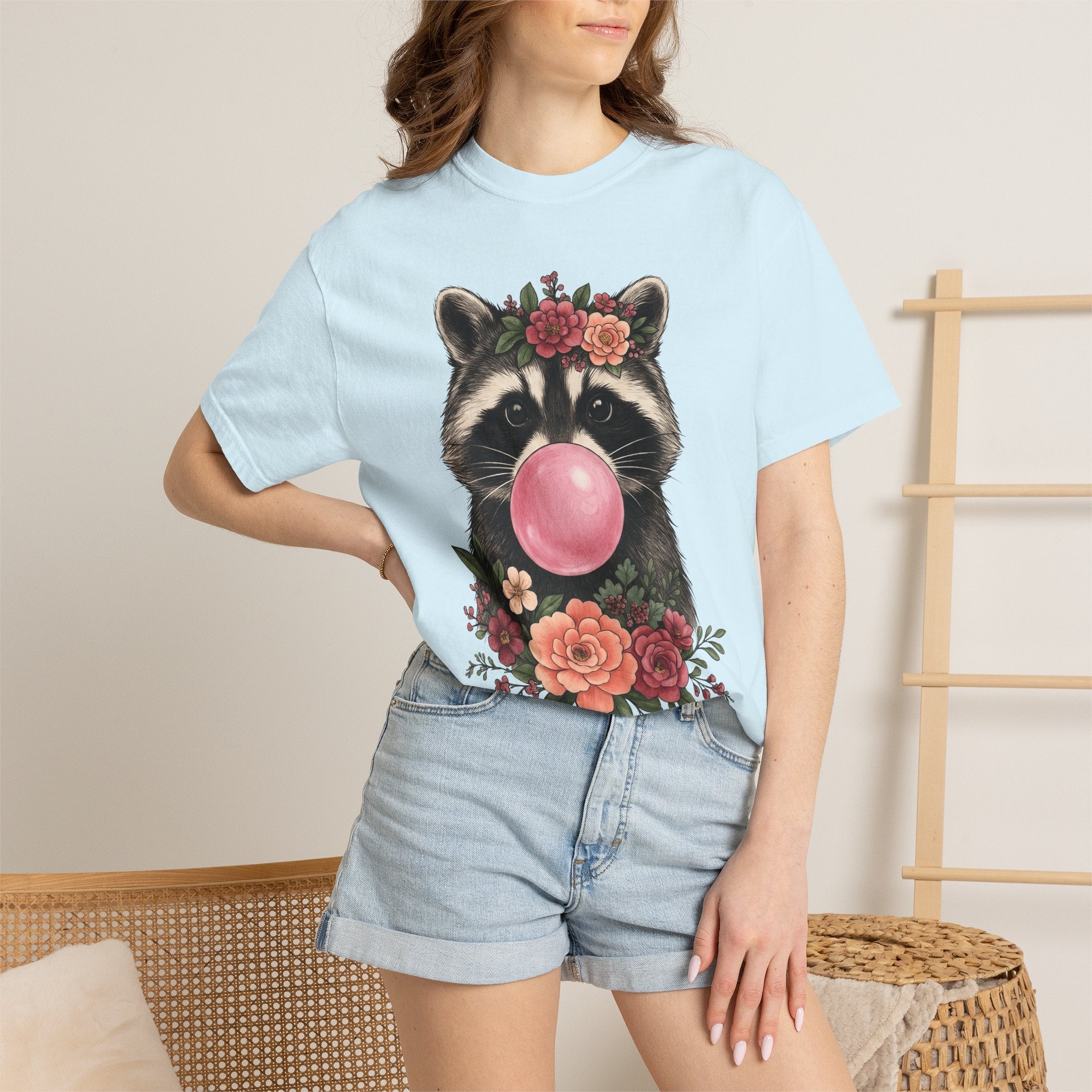 Raccoon Blossoms Shirt Animals Garden Gift Women Rustic Tee Raccoon T-Shirt Wildlife Fan Country Tshirt Gardening Graphic Doodle Chewing Gum
