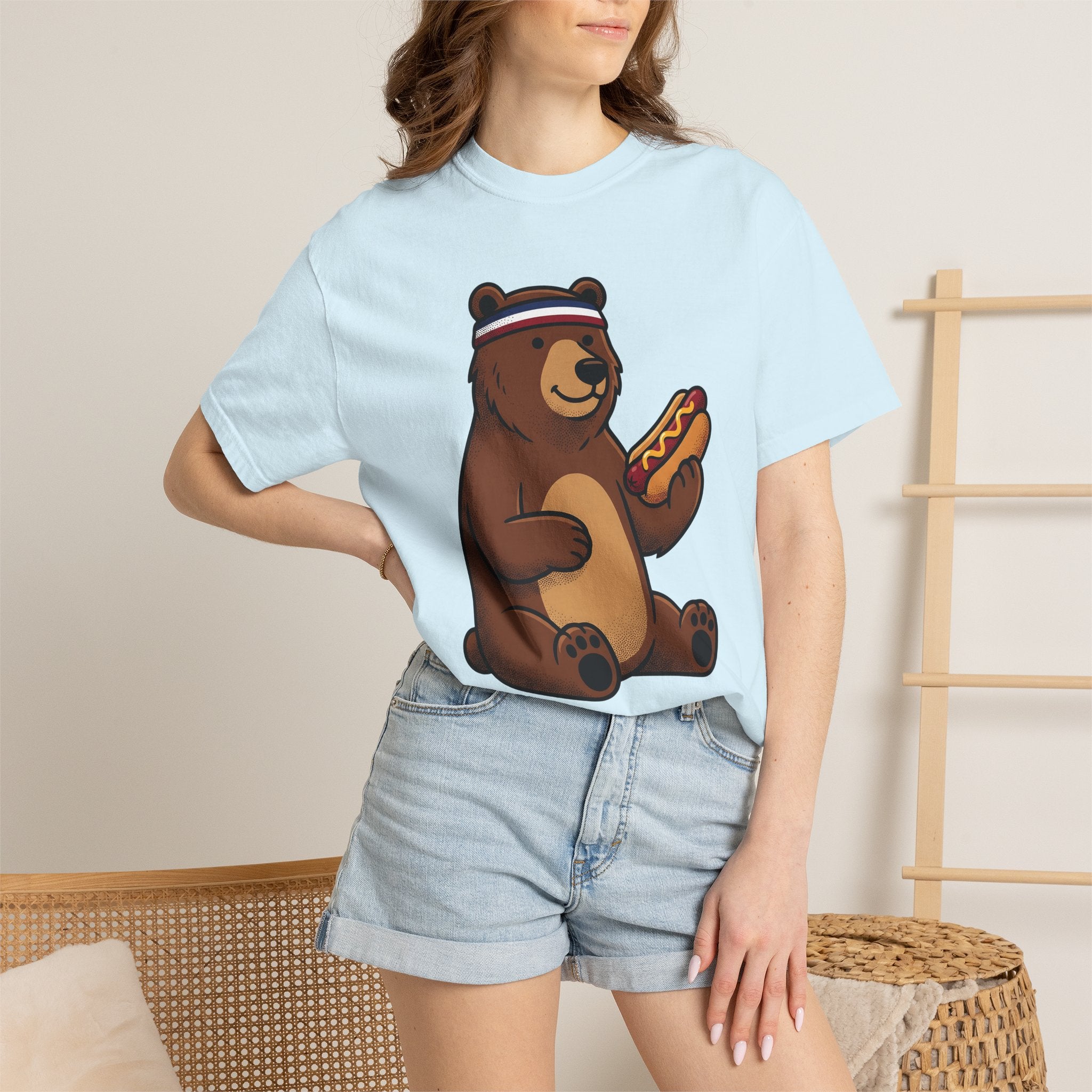 Bear Sausage Shirt America Flag Gift Women Comic Tee Sausage T-Shirt Patriot Fan Cartoon Tshirt Banner Graphic Vintage Sweatband Tshirt