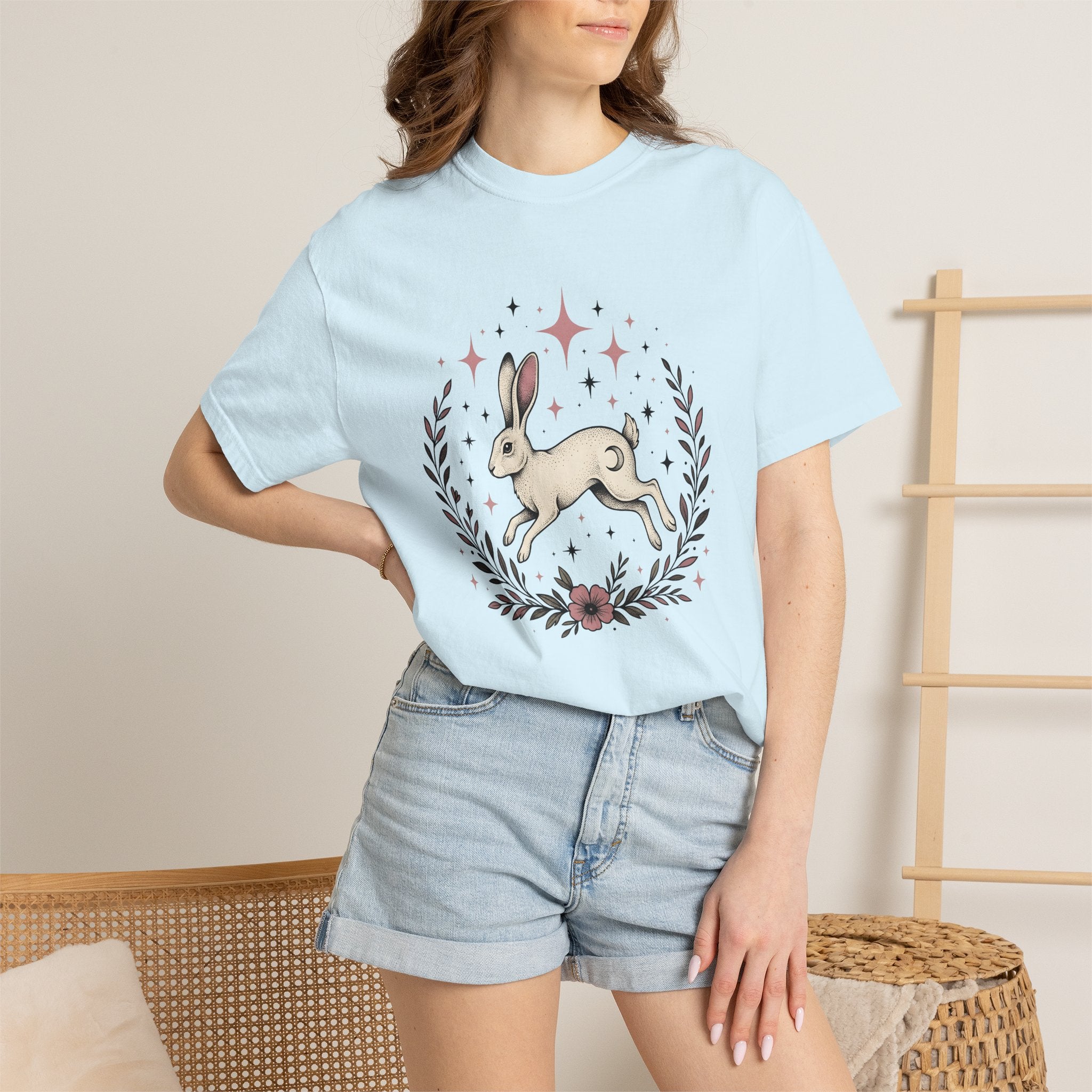 Hare Drawing Shirt Cute Pets Gift Women Folk Art Tee Rabbit T-Shirt Adorable Fan Bunny Graphic Tshirt Shabby Chic Bloom Tshirt
