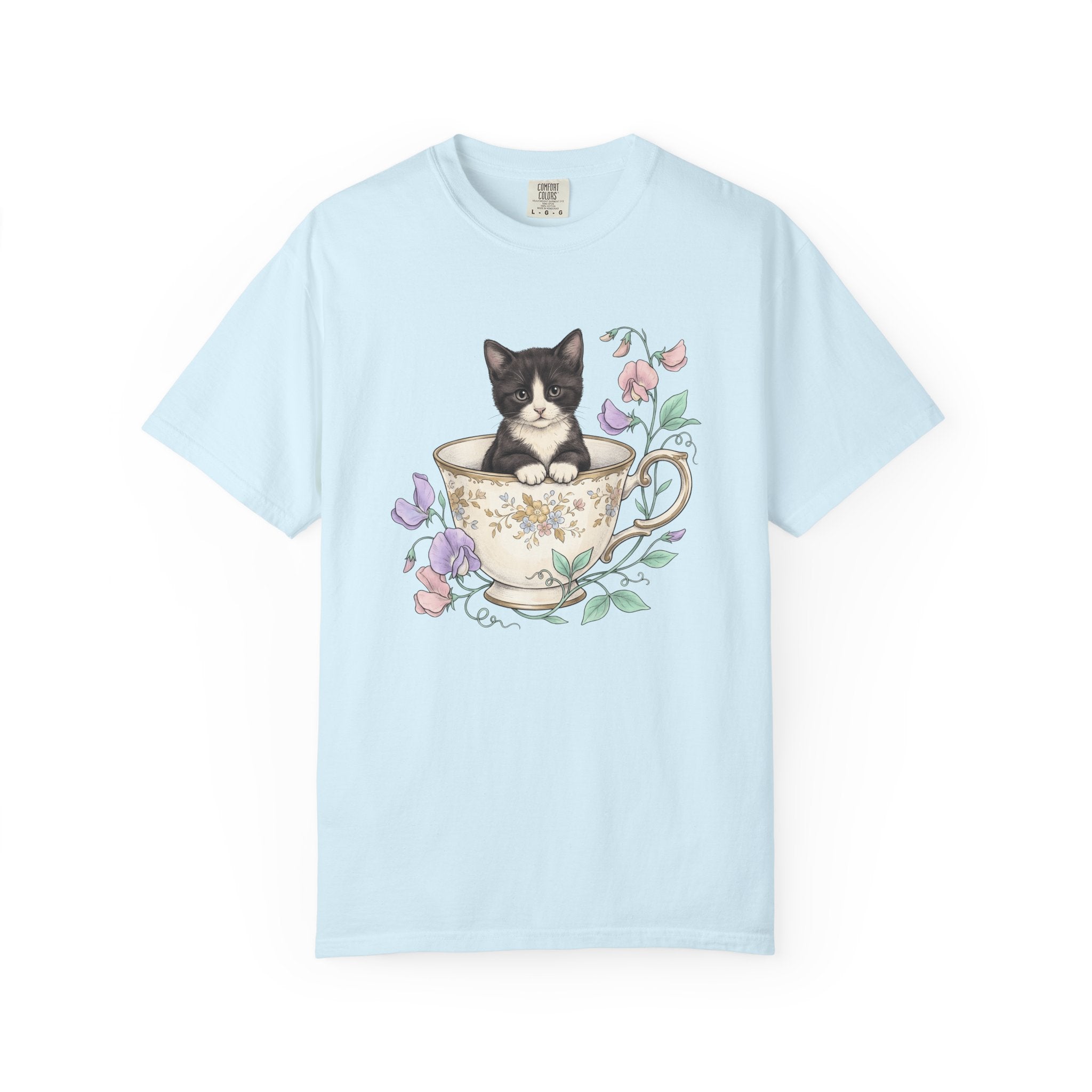 Cat Teacup Shirt Cat Leaves Gift Women Floral Design Tee Kitty T-Shirt Feline Fan Floral Tshirt Foliage Graphic Shabby Chic Petals Tshirt