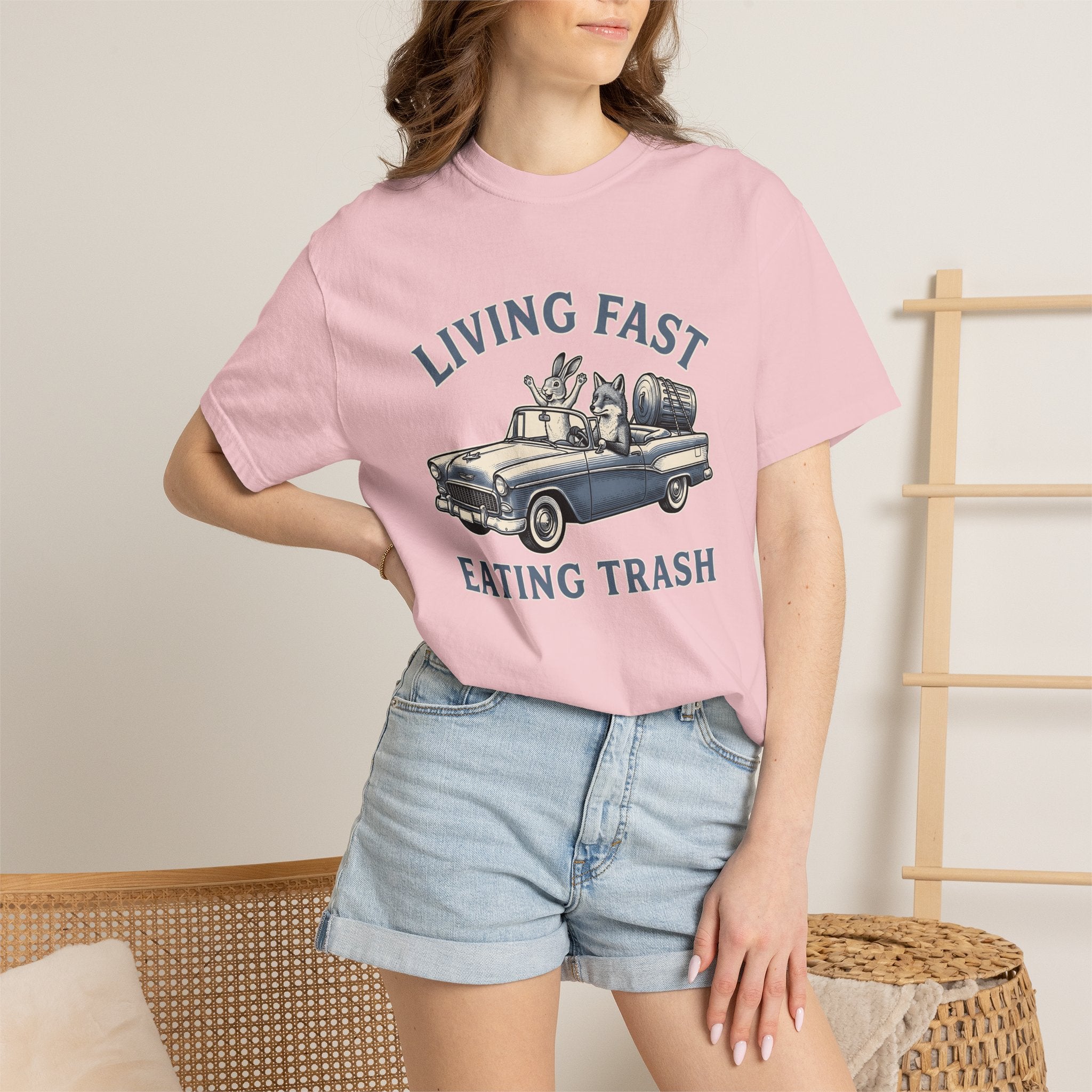 Fox Rabbit Automobile Shirt Animal Joke Gift Women Hand Drawn Tee Car T-Shirt Pet Fan Illustrated Graphic Cartoon Trash Bin Tshirt