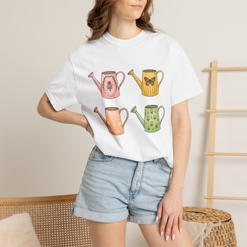 Flower Watering Cans Shirt Easter Plants Gift Women Cartoon Tee Watering Can T-Shirt Spring Fan Watercolor Tshirt Botanical Graphic Sketch