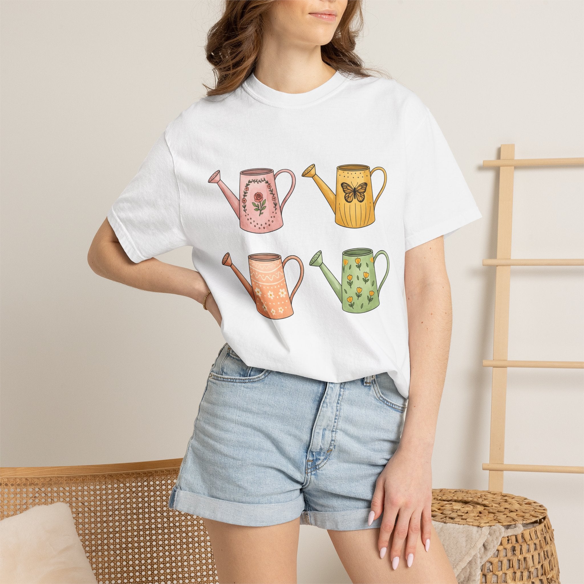 Flower Watering Cans Shirt Easter Plants Gift Women Cartoon Tee Watering Can T-Shirt Spring Fan Watercolor Tshirt Botanical Graphic Sketch