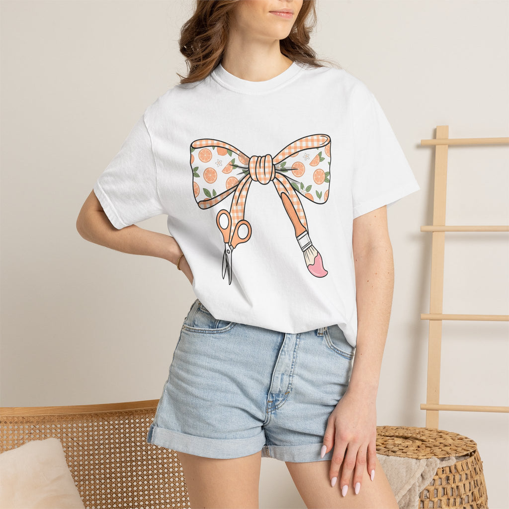 Bow Shears Paint Brush Shirt Teachers Crafting Gift Women Sweet Tee Art Supplies T-Shirt Educator Enthusiast Cute Tshirt Crafting Graphic