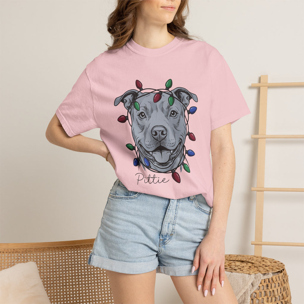 Pitbull Canine Shirt Dog Winter Gift Women Line Art Tee Pibble T-Shirt Dog Fan Illustrated Graphic Tshirt Hand Drawn String Lights Tshirt
