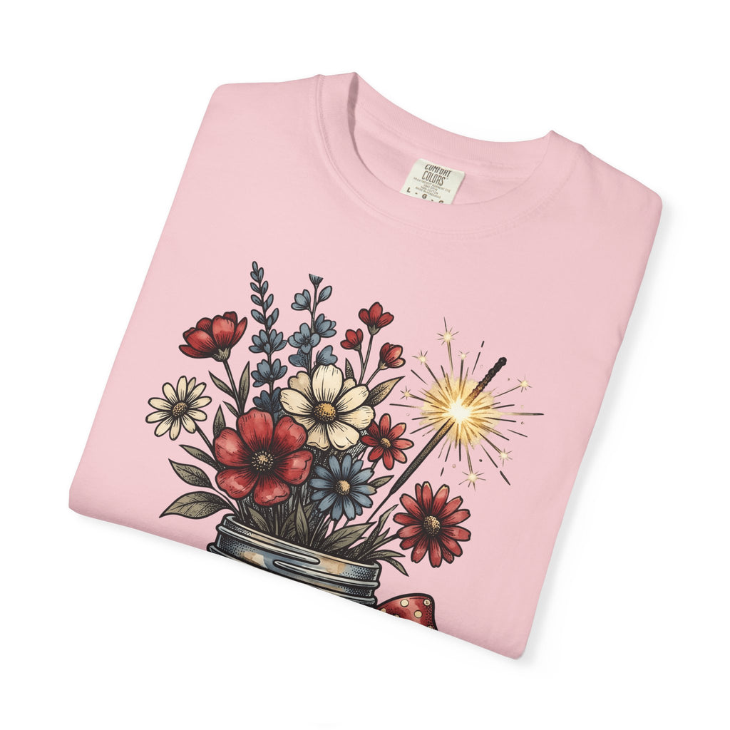 Jar Flower Bouquet Shirt 4th Of July Blooms Gift Women Retro Tee Floral Arrangement T-Shirt Independence Day Fan Vintage Tshirt Flower