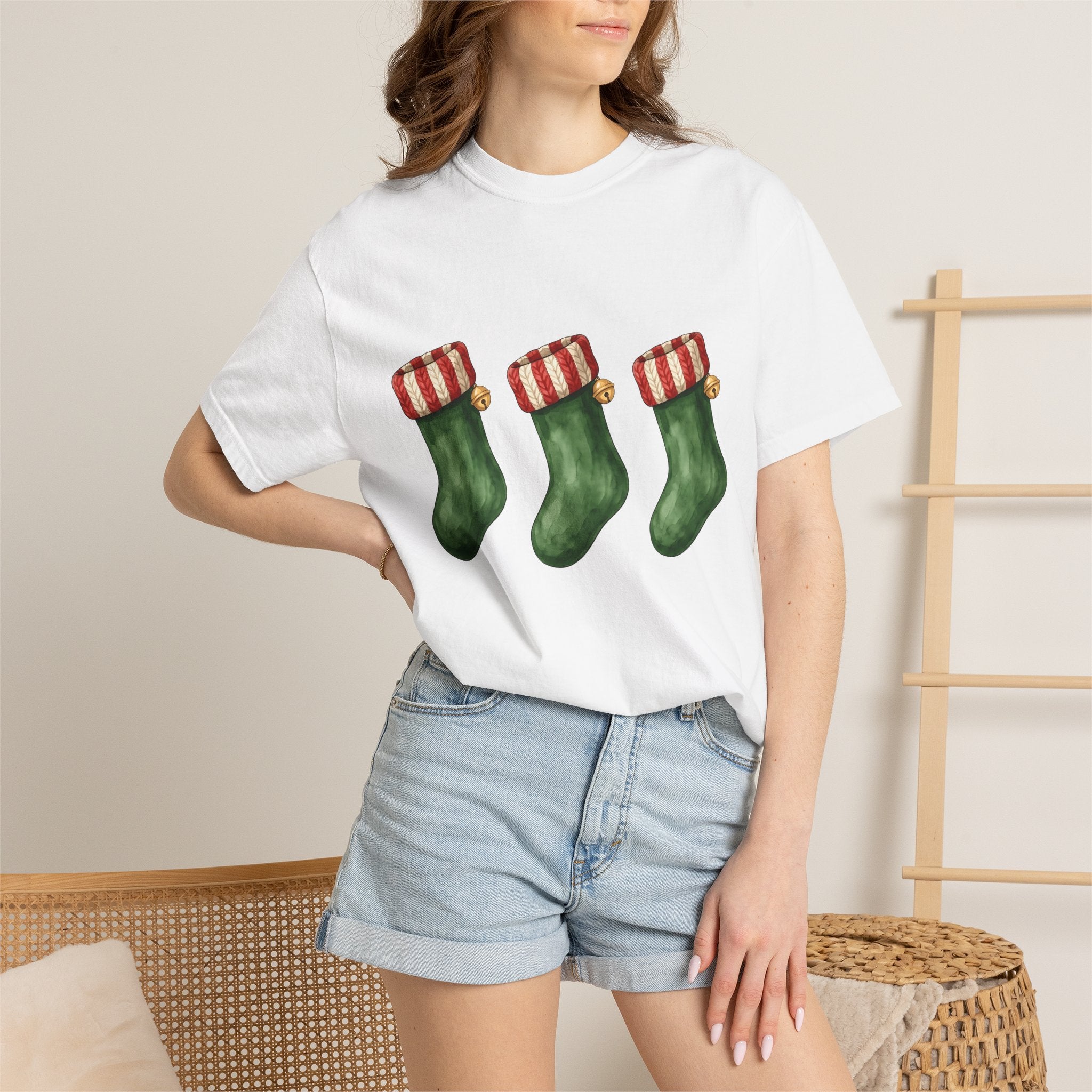 Holiday Stocking Shirt Christmas Winter Gift Women Painted Tee Stocking T-Shirt Xmas Fan Handpainted Tshirt Frosty Graphic Ink Drawing