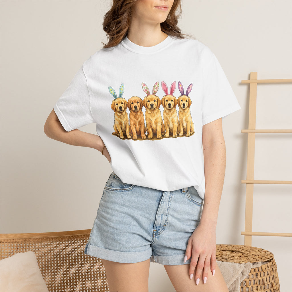 Golden Retriever Puppy Shirt Easter Companion Gift Women Pastel Tee Puppy T-Shirt Easter Fan Puppy Art Tshirt Friend Graphic Cartoon Bunny