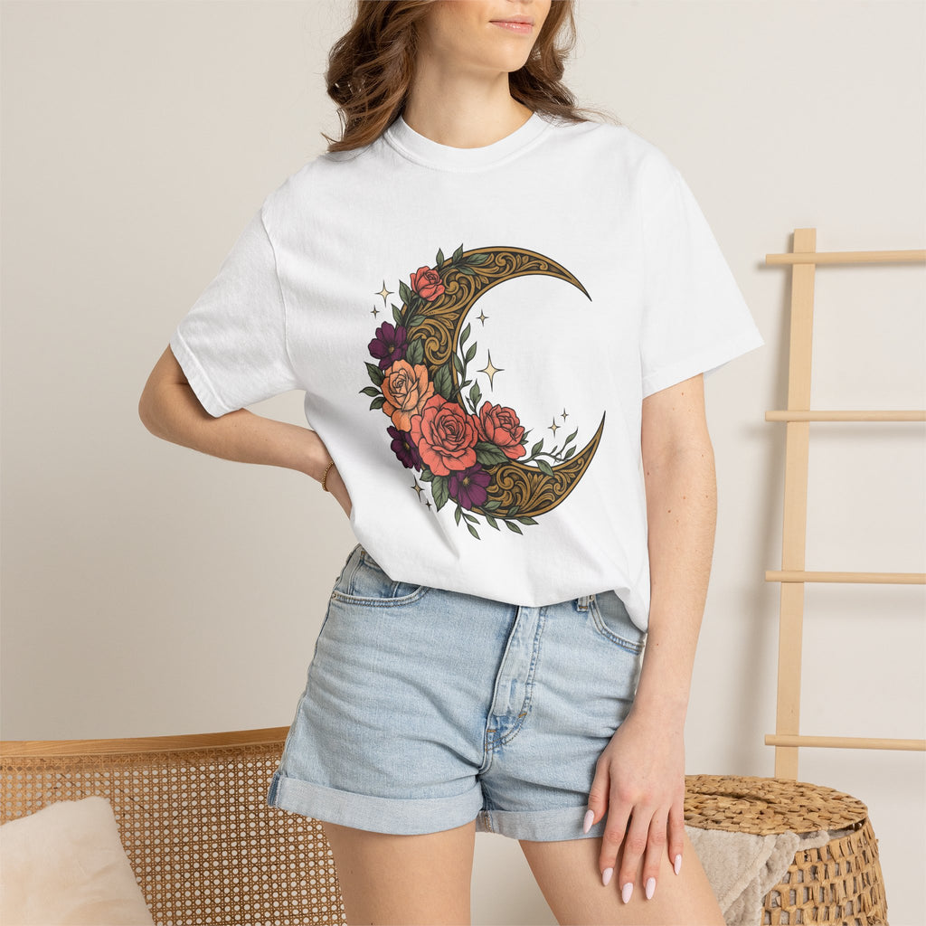 Crescent Flower Moon Shirt Cowgirl Stars Gift Women Tribal Tee Lunar T-Shirt Rodeo Fan Ethnic Tshirt Celestial Graphic Classic Wild Roses