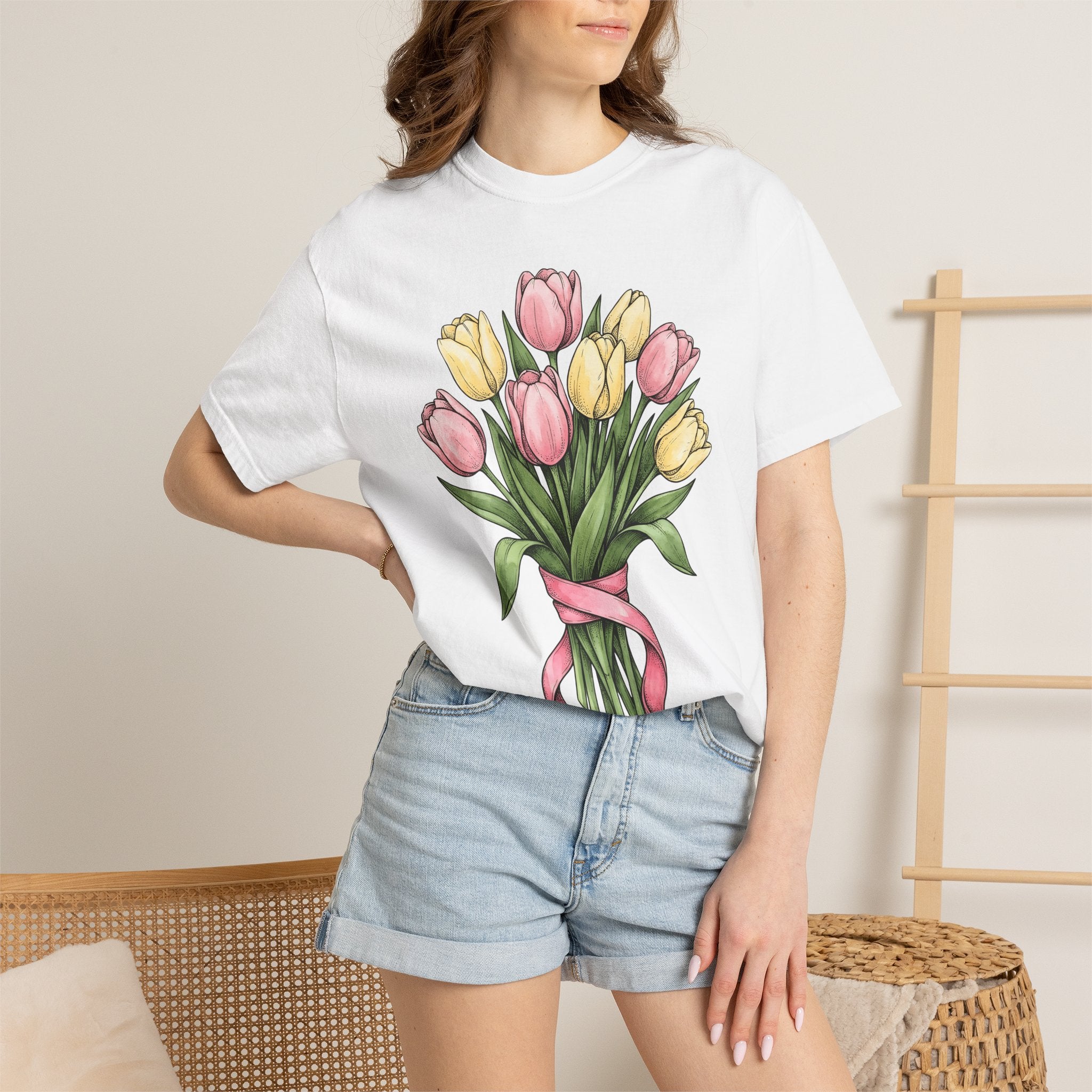 Tulip Bunch Shirt Easter Blossoms Gift Women Flower Illustration Tee Bouquet T-Shirt Spring Fan Floral Tshirt Floral Graphic Retro Bow