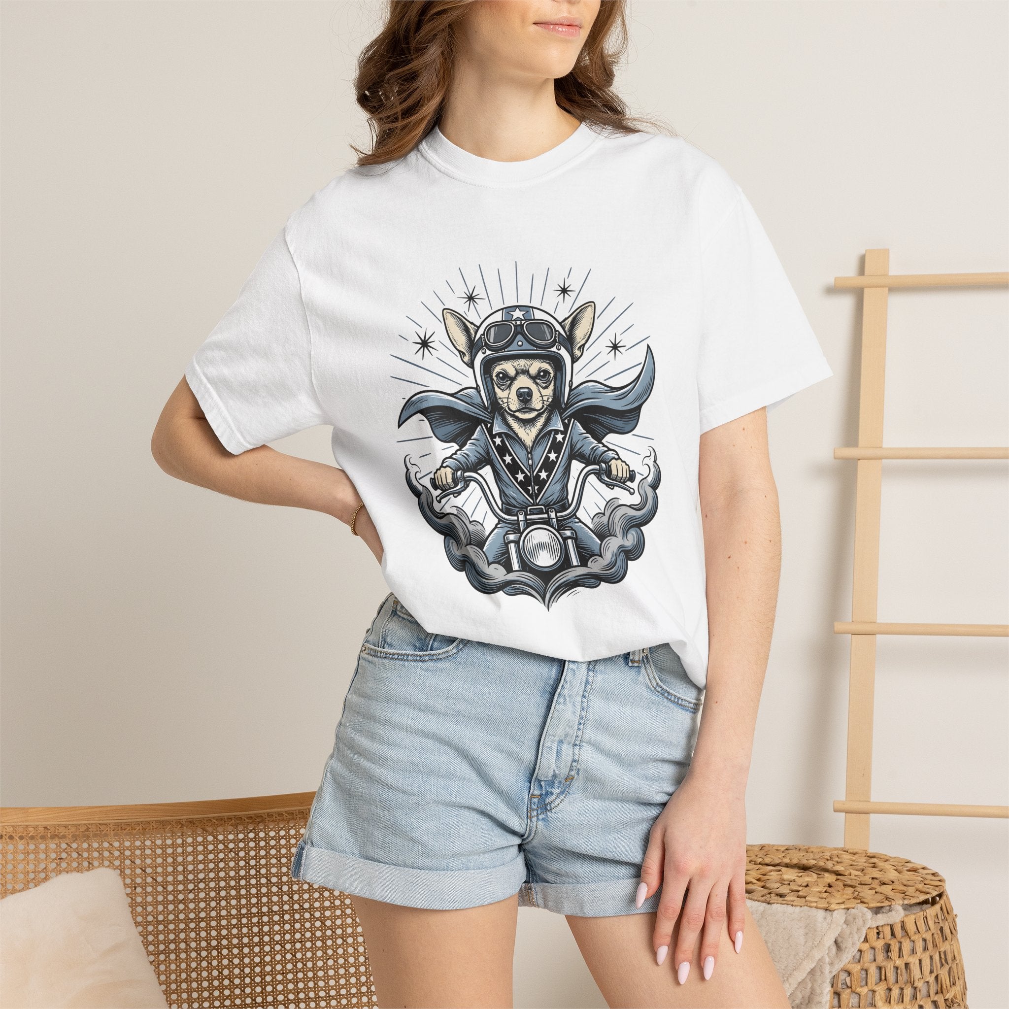 Chihuahua Biker Shirt Dog Motorbike Gift Women Traditional Tee Puppy T-Shirt Dog Fan Classic Tshirt Motorcycle Graphic Hand Drawn Chopper