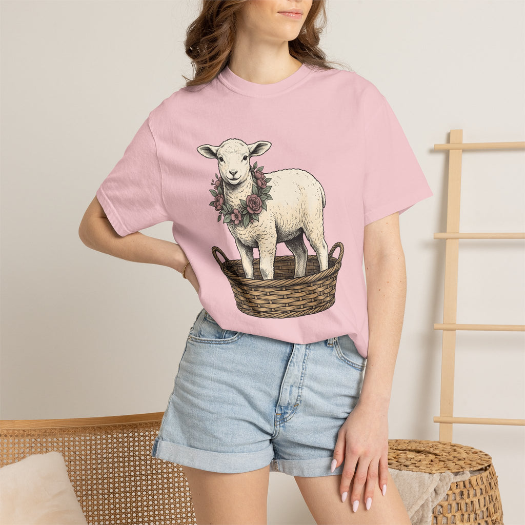 Lamb In Basket Shirt Easter Critter Gift Women Cartoon Tee Baby Lamb T-Shirt Easter Fan Cartoonish Tshirt Creature Graphic Rustic Flower