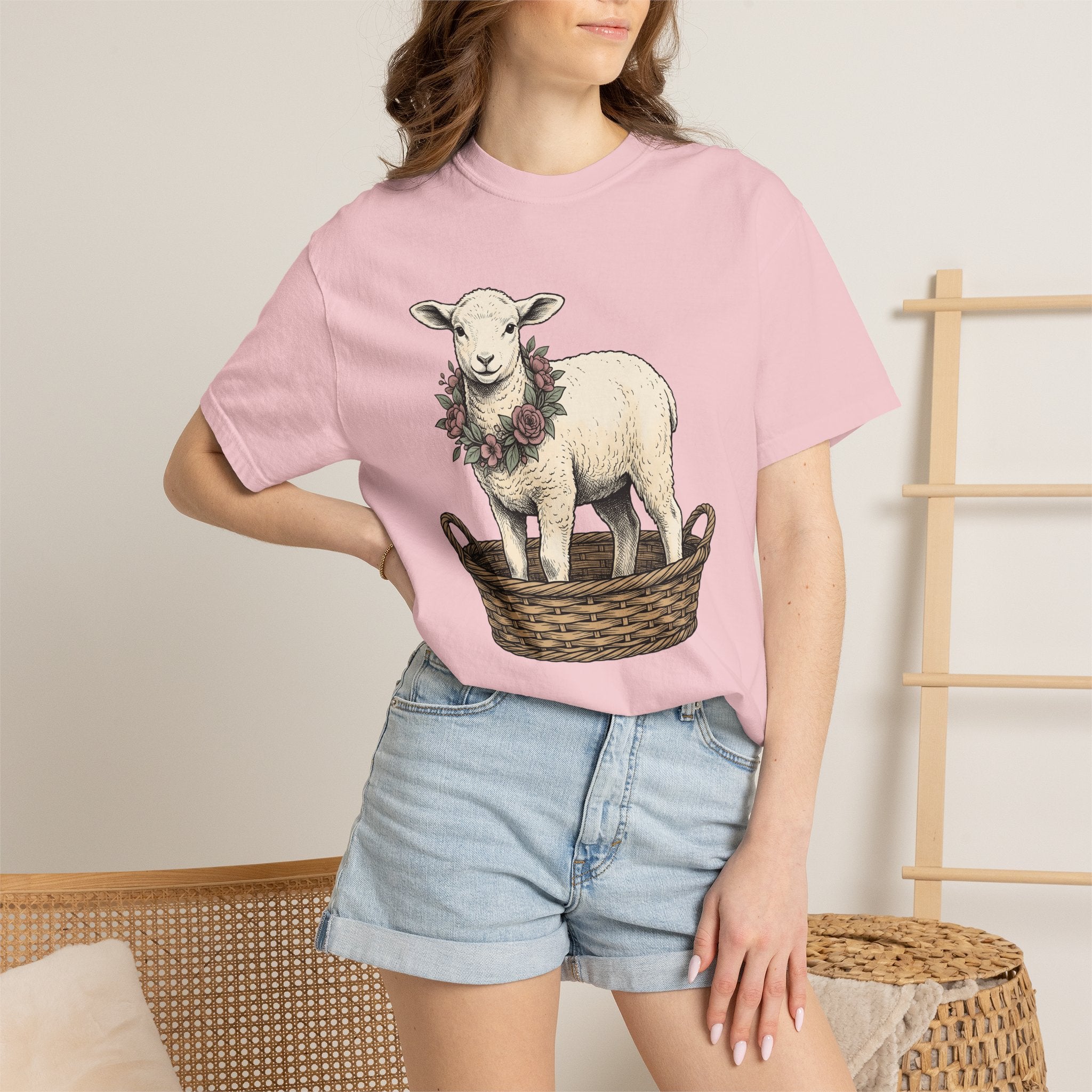 Lamb In Basket Shirt Easter Critter Gift Women Cartoon Tee Baby Lamb T-Shirt Easter Fan Cartoonish Tshirt Creature Graphic Rustic Flower
