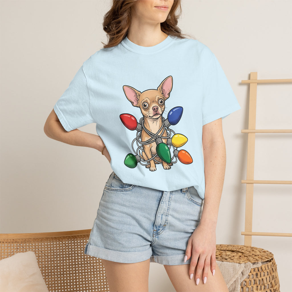 Chihuahua Pet Shirt Dog Xmas Gift Women Cute Tee Puppy T-Shirt Dog Fan Canine Tshirt Winter Graphic Doodle Festive Lights Tshirt